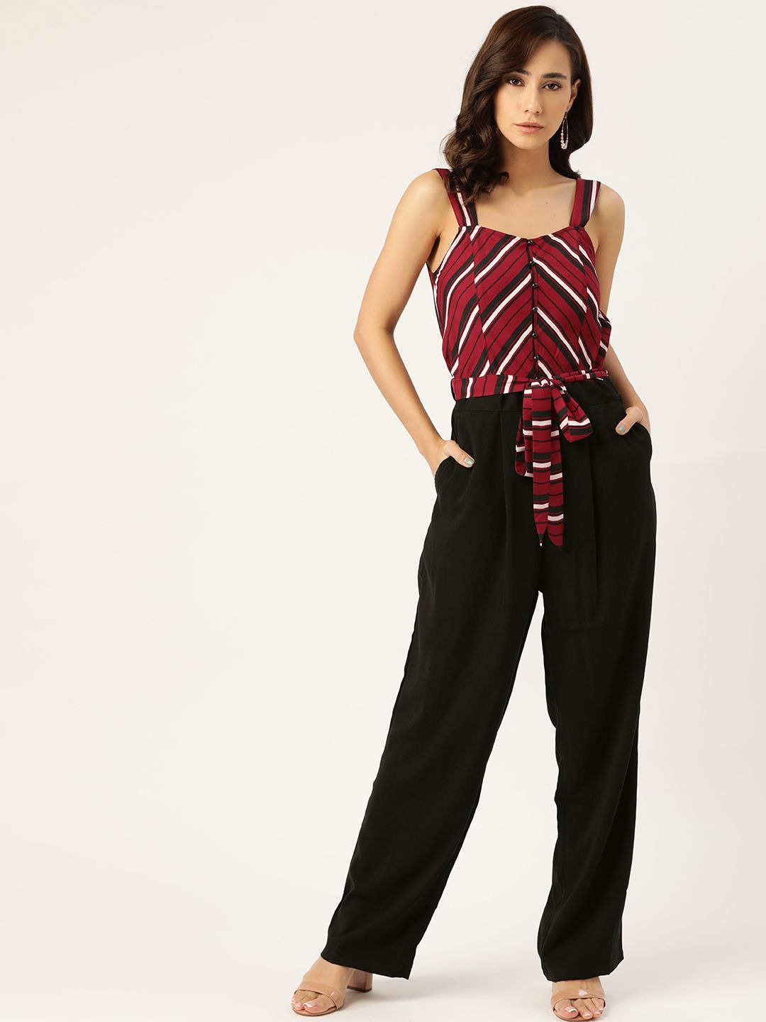 Antheaa Maroon & Black Striped Basic Jumpsuit Price in India