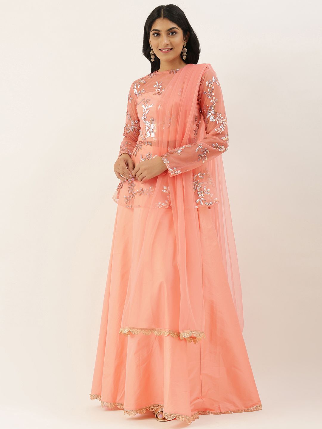 EthnoVogue Peach-Coloured & Silver-Toned Embellished Unstitched Lehenga & Made to Measure Blouse with Dupatta Price in India