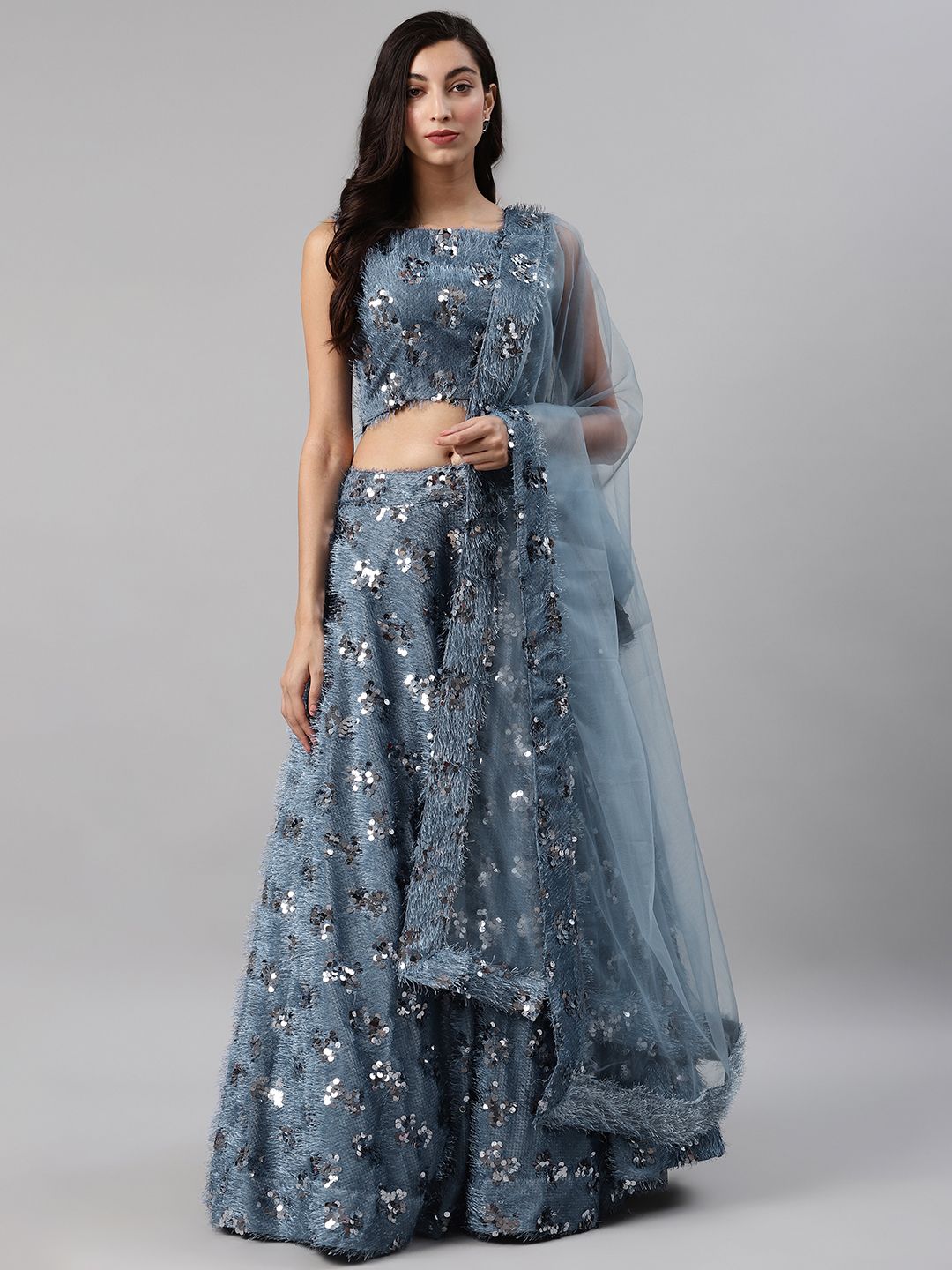 SHUBHKALA Blue Sequinned Semi-Stitched Lehenga & Unstitched Blouse with Dupatta Price in India