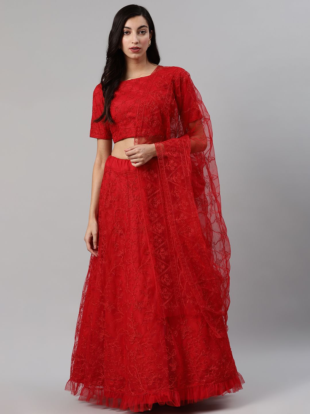 SHUBHKALA Red Embroidered Semi-Stitched Lehenga & Unstitched Blouse with Dupatta Price in India