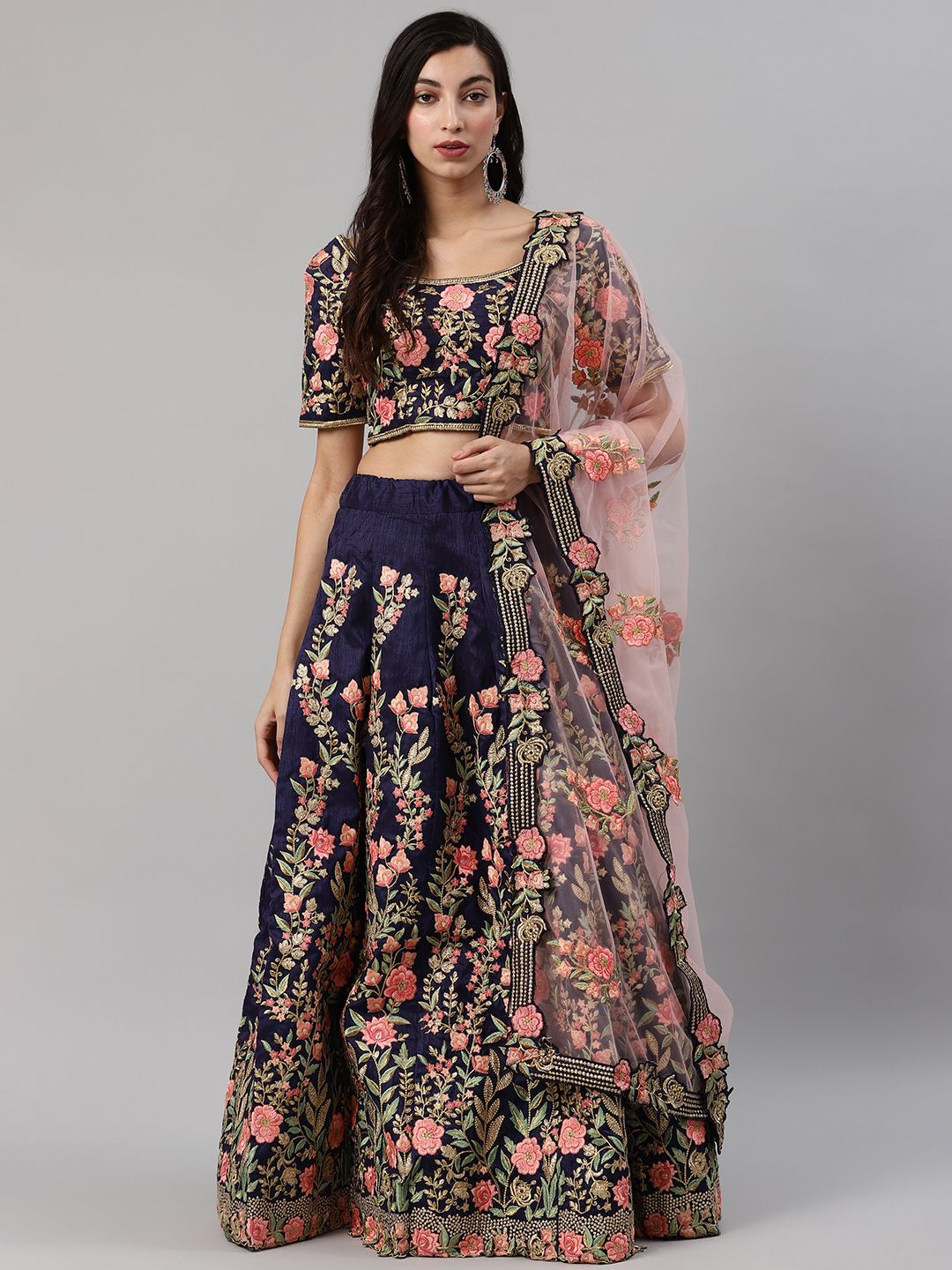 SHUBHKALA Navy Blue & Golden Embroidered Semi-Stitched Lehenga Choli With Dupatta