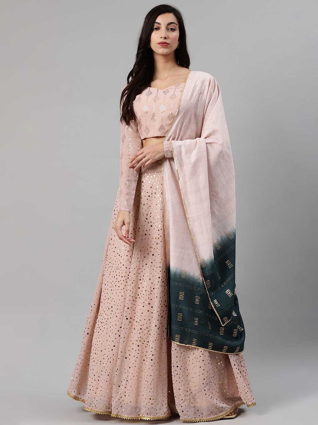 SHUBHKALA Pink & Golden Embellished Semi-Stitched Lehenga & Unstitched Blouse with Dupatta Price in India