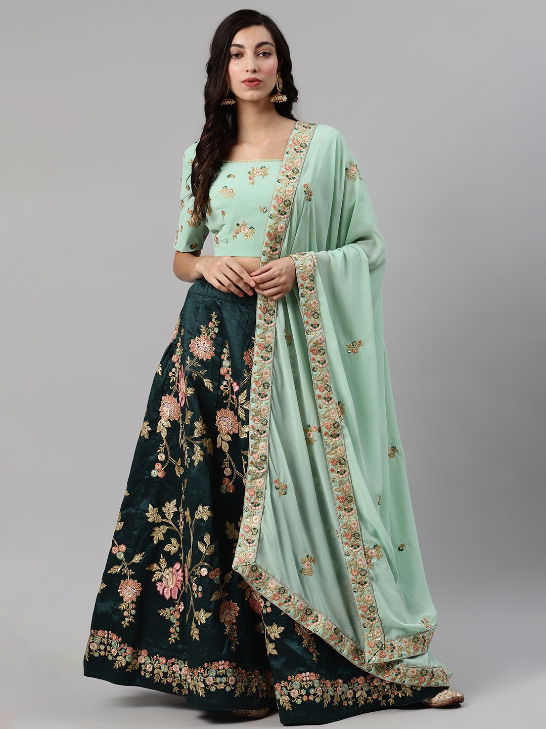 SHUBHKALA Green & Gold-Toned Embroidered Semi-Stitched Lehenga & Unstitched Blouse with Dupatta