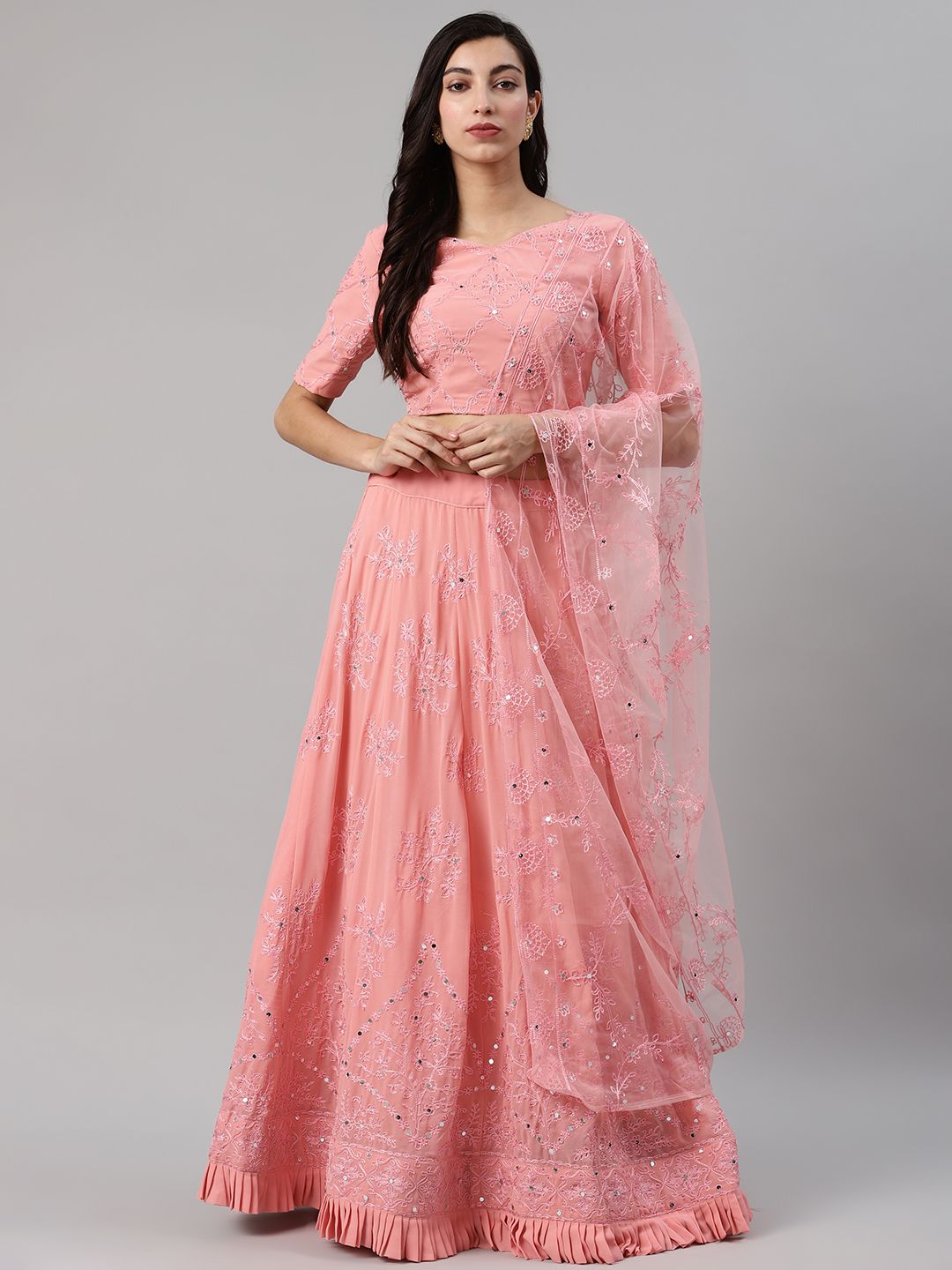 SHUBHKALA Pink Embroidered  Semi-Stitched Lehenga & Blouse with Dupatta Price in India