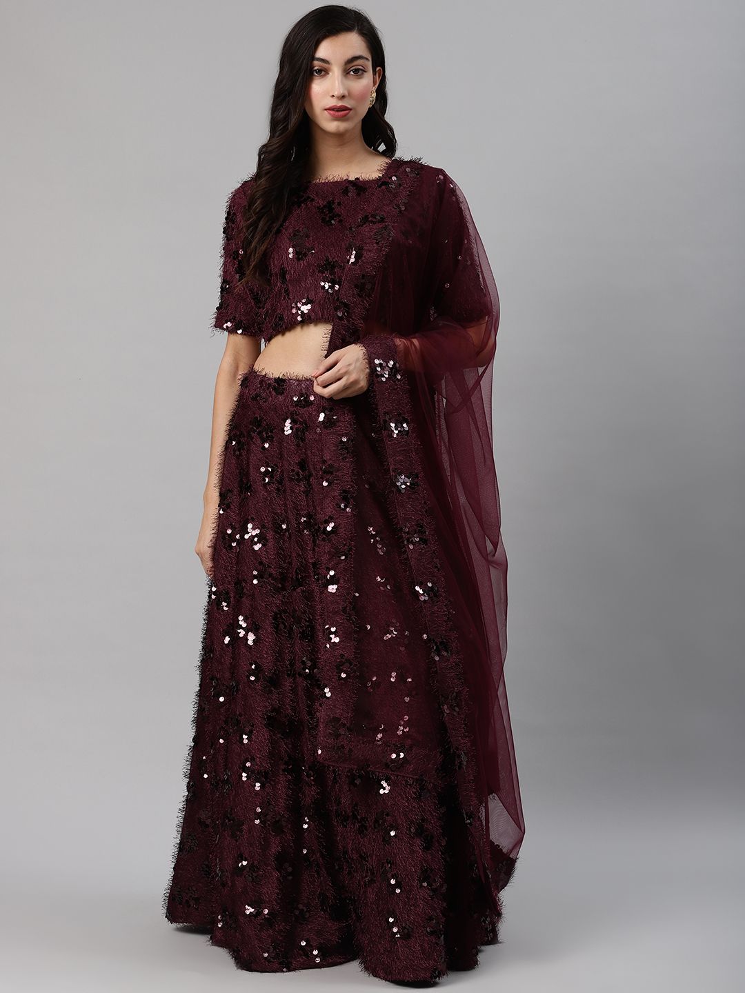 SHUBHKALA Burgundy Sequinned Semi-Stitched Lehenga & Blouse with Dupatta Price in India