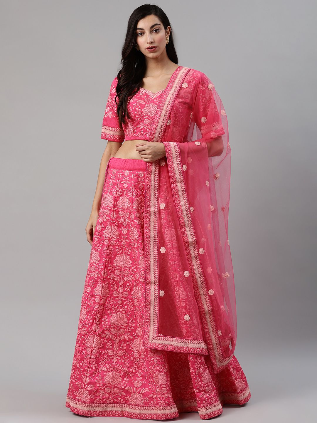 SHUBHKALA Pink Emboridered Semi-Stitched Lehenga & Unstitched Blouse with Dupatta Price in India