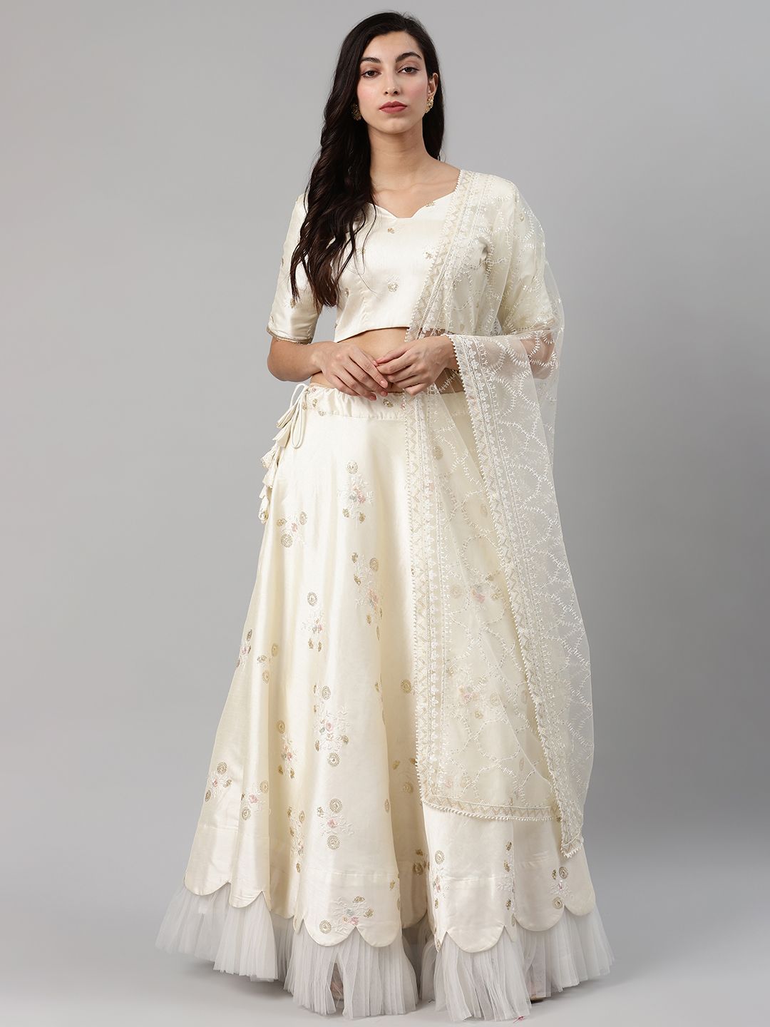SHUBHKALA Off-White & Gold-Toned Embroidered Semi-Stitched Lehenga & Unstitched Blouse with Dupatta Price in India