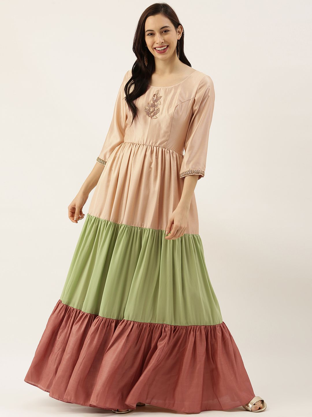 EthnoVogue Women Peach-Coloured & Green Colourblocked Made To Measure Maxi Dress Price in India