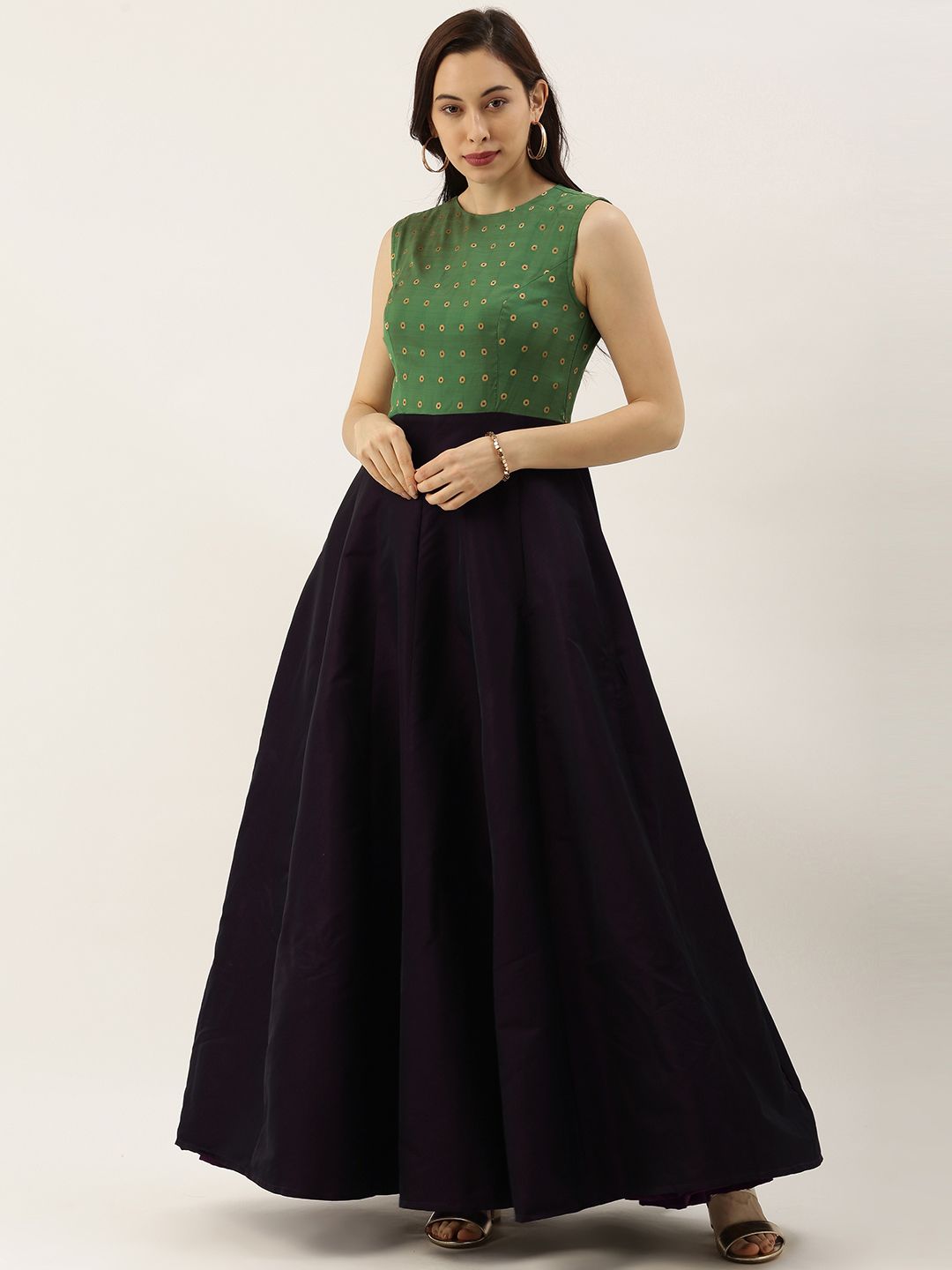 EthnoVogue Women Green & Black Made To Measure Woven Design Maxi Dress Price in India