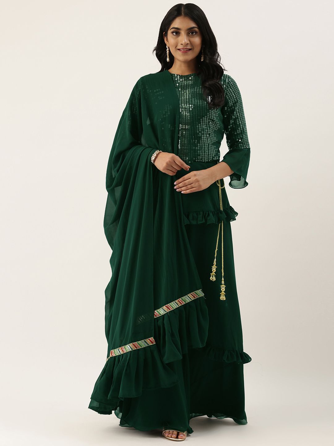 EthnoVogue Green Embellished Made to Measure Lehenga & Blouse with Dupatta Price in India