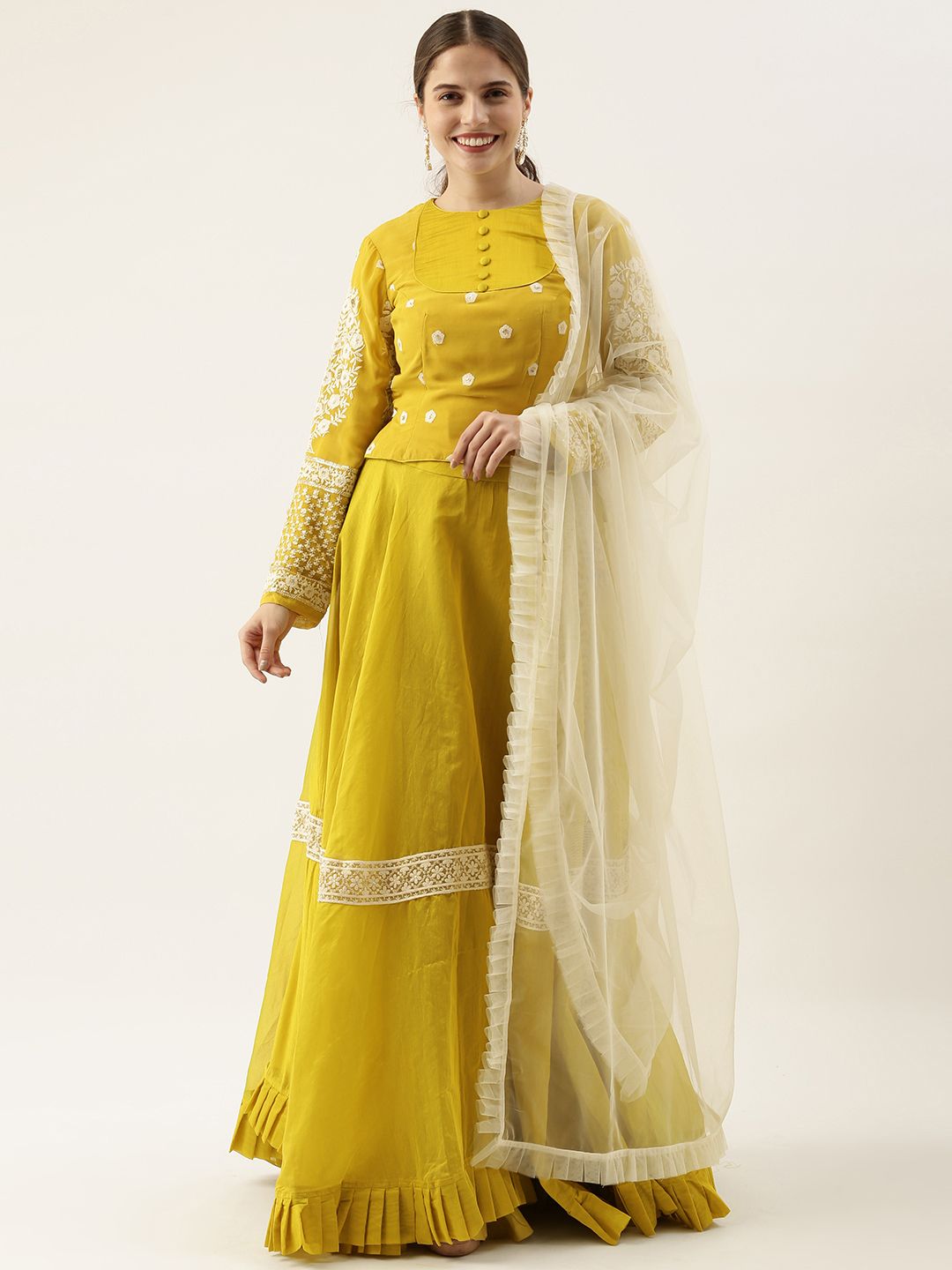 EthnoVogue Mustard & Cream-Coloured Embroidered Made to Measure Lehenga & Blouse With Dupatta Price in India