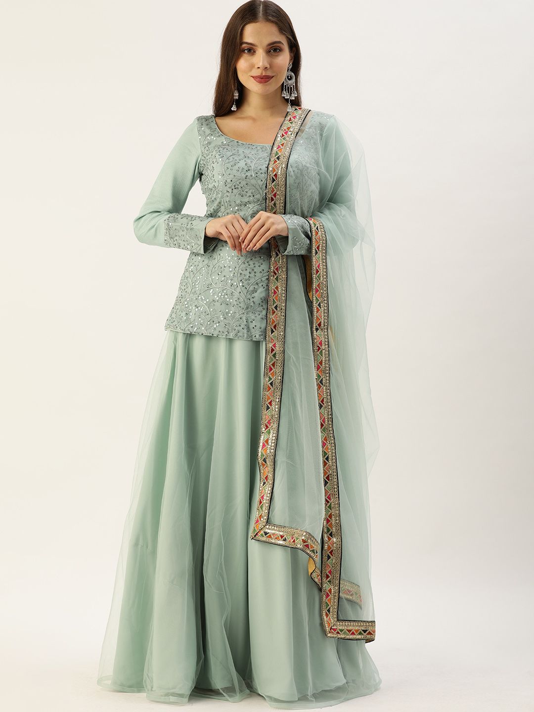 EthnoVogue Grey & Green Embroidered Sequinned Made to Measure Lehenga & Blouse With Dupatta Price in India