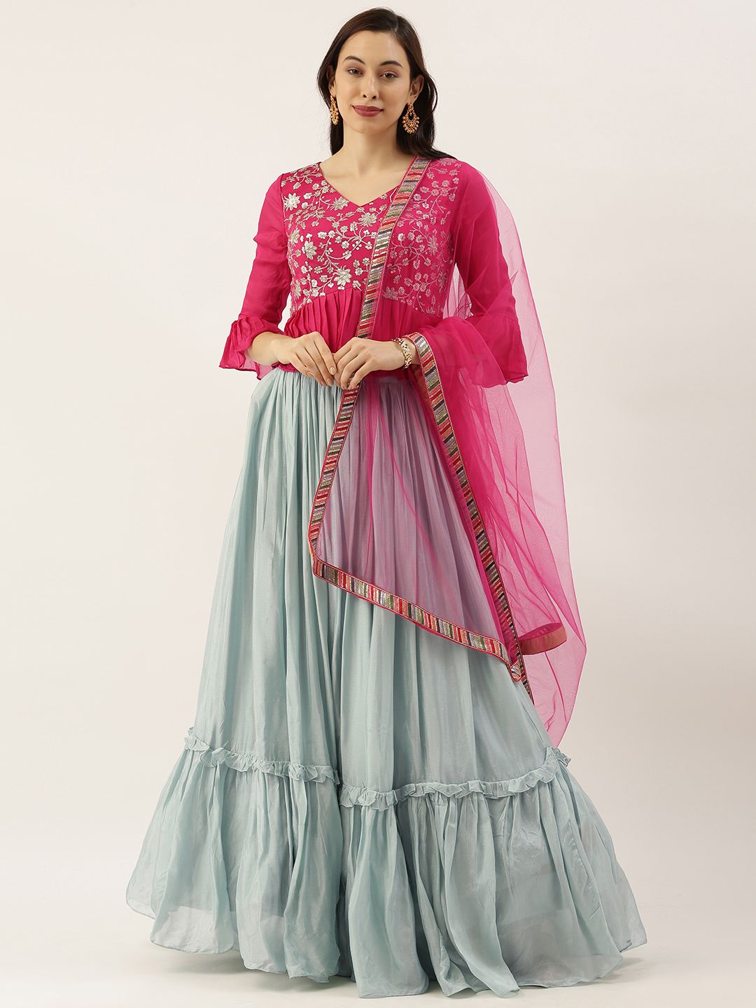 EthnoVogue Pink & Blue Embroidered Unstitched Lehenga & Made to Measure Blouse with Dupatta Price in India