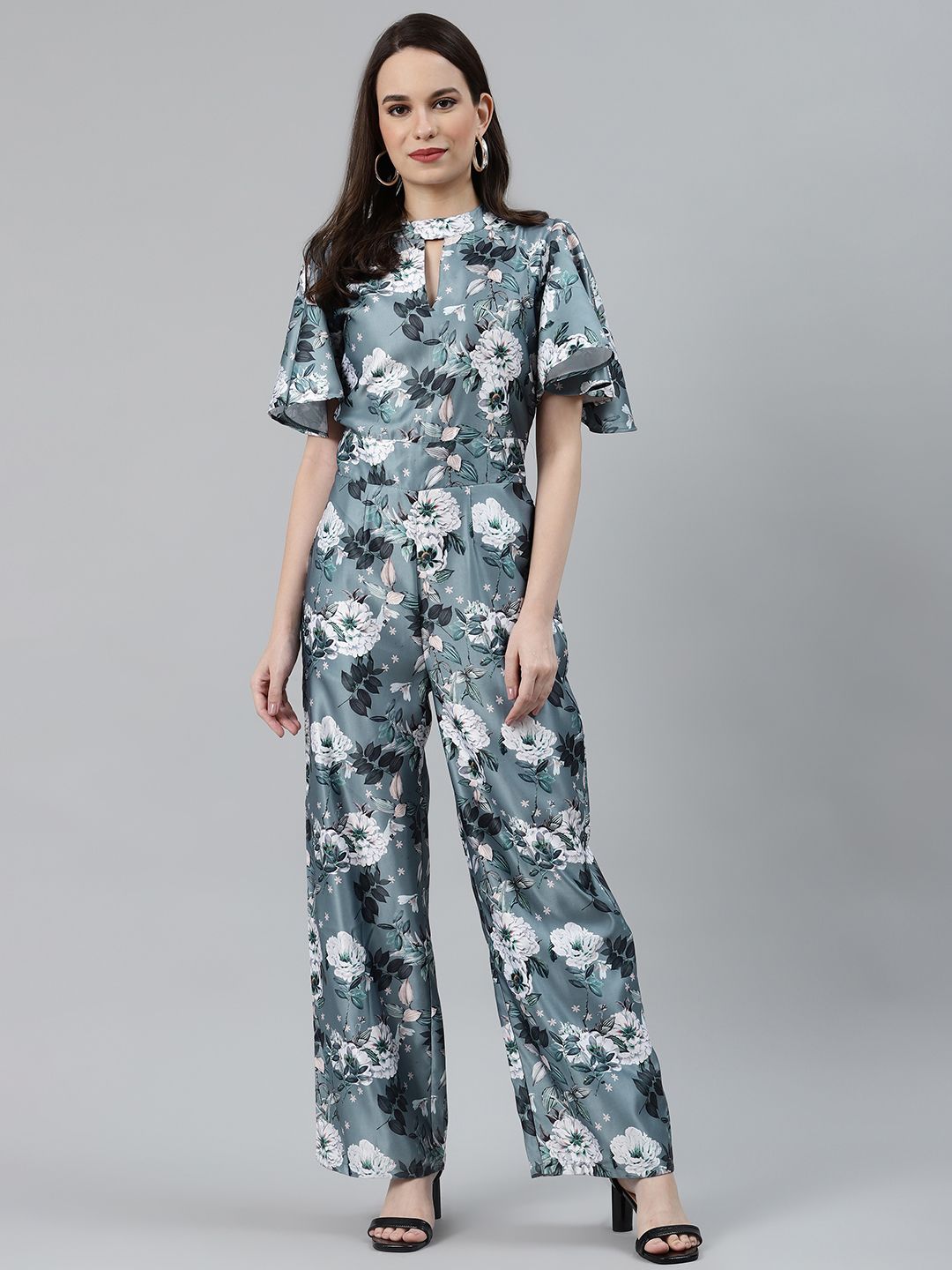 Jompers Women Grey & Off-White Printed Keyhole Neck Flared Sleeves Basic Jumpsuit Price in India