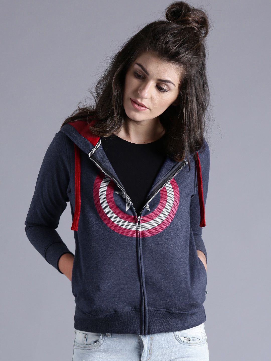 Kook N Keech Marvel Women Blue Printed Front-Open Sweatshirt Price in India