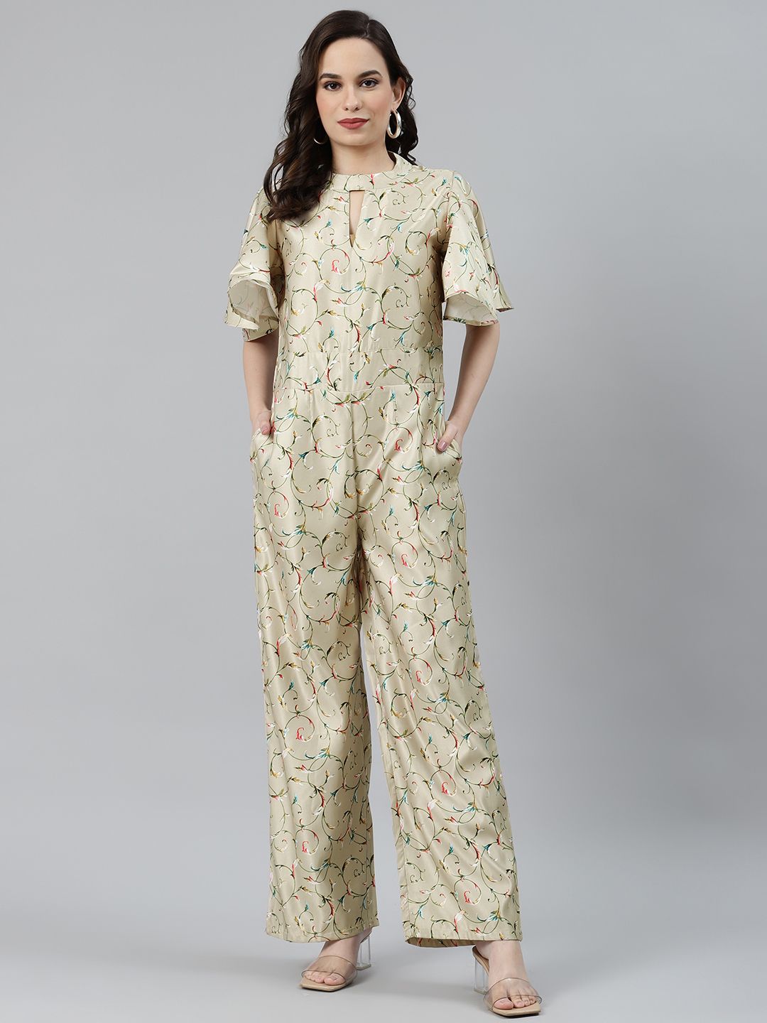 Jompers Women Green Printed Basic Keyhole Neck Jumpsuit Price in India