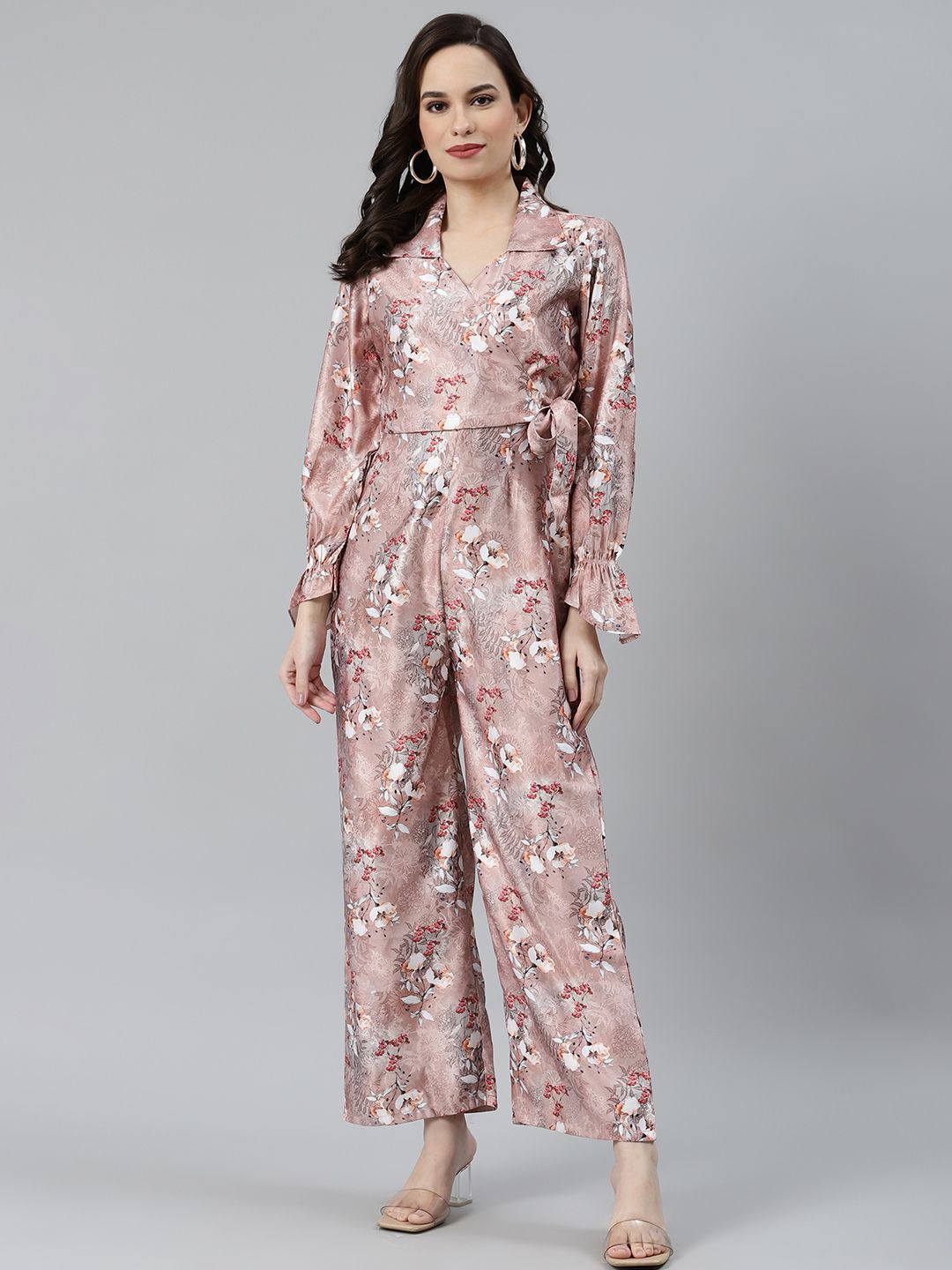 Jompers Women Pink & Off-White Printed Shirt Collar Wrap Basic Jumpsuit with Waist Tie-Up Price in India