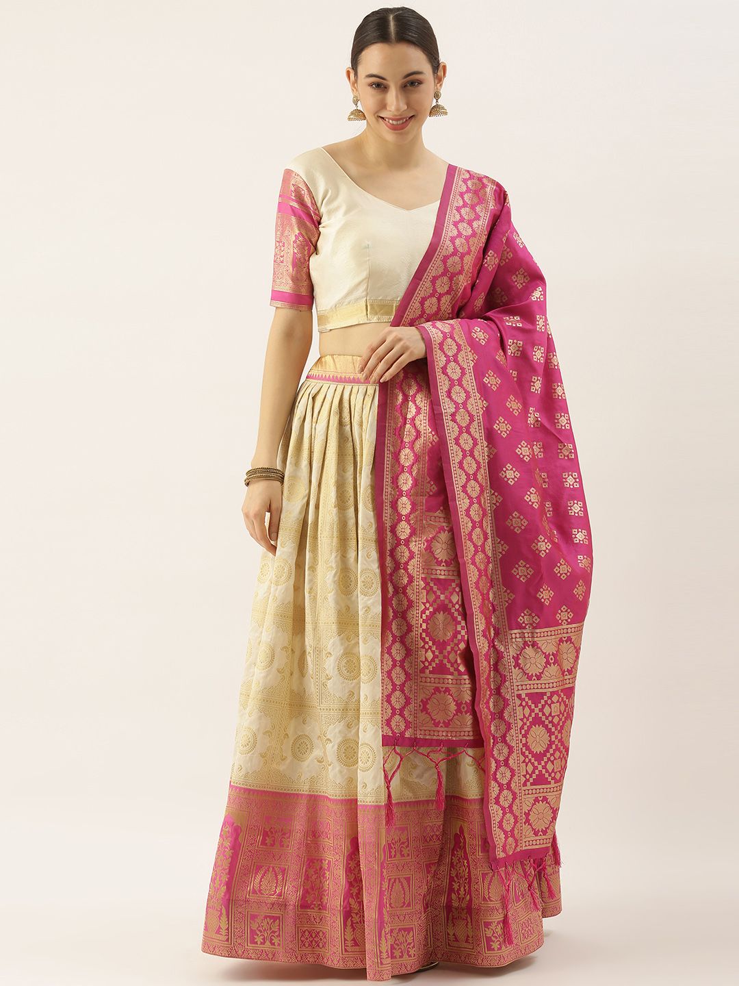 LOOKNBOOK ART Cream & Gold-Toned Semi-Stitched Lehenga & Unstitched Blouse With Dupatta Price in India