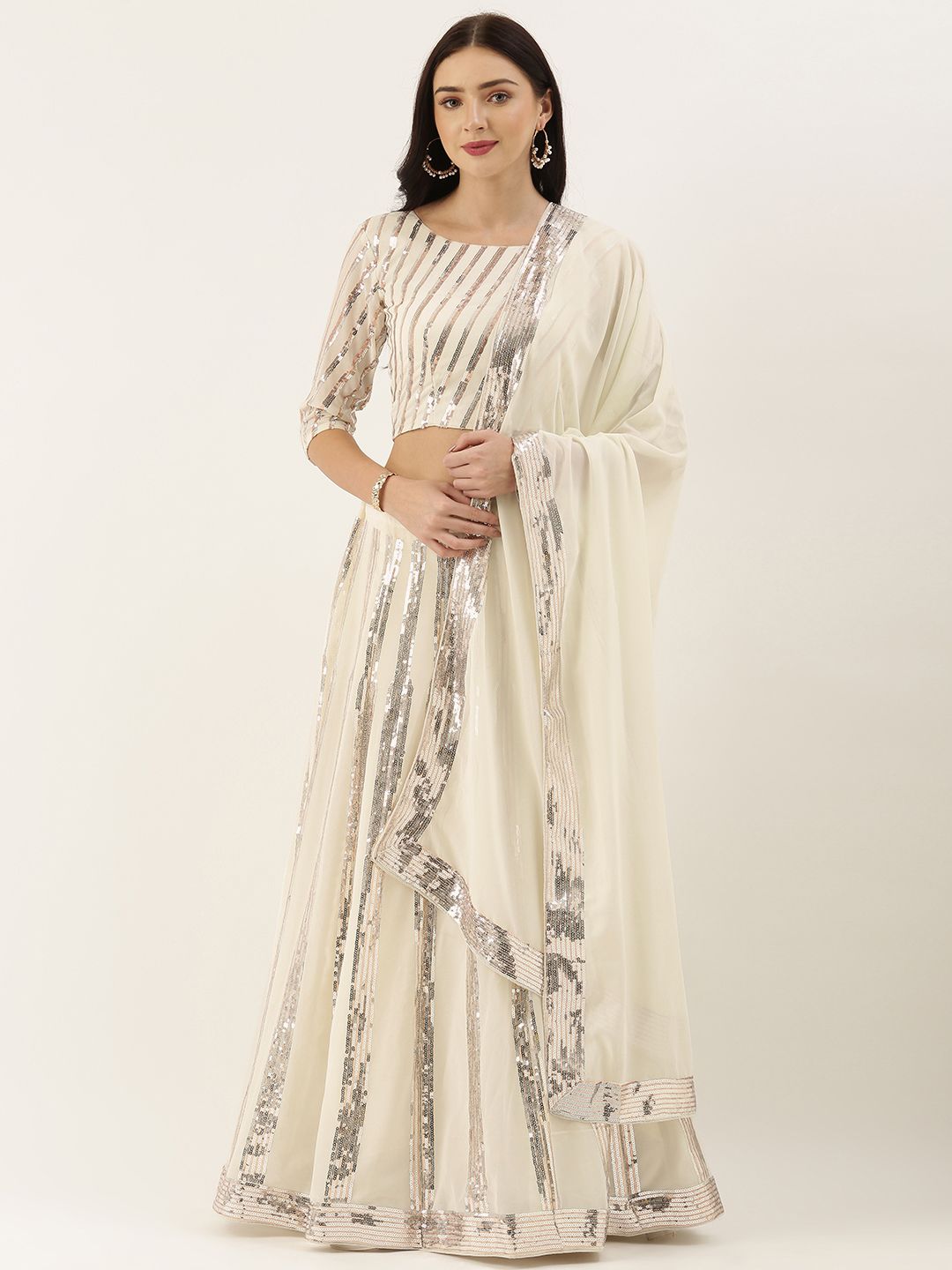 LOOKNBOOK ART Off-White & Silver-Toned Embellished Semi-Stitched Lehenga & Unstitched Blouse with Dupatta Price in India