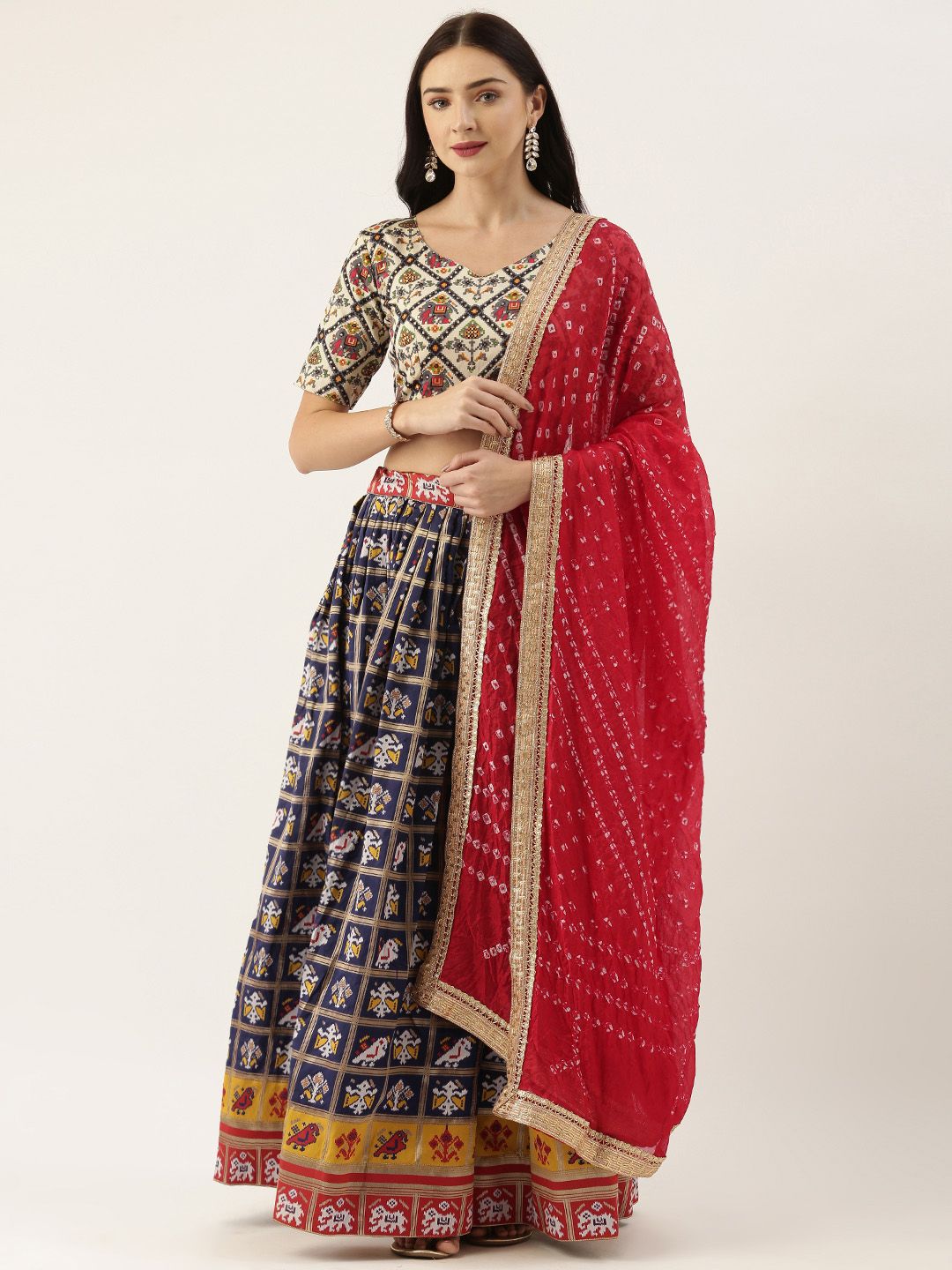 LOOKNBOOK ART Navy Blue & White Printed Semi-Stitched Lehenga & Unstitched Blouse with Dupatta Price in India