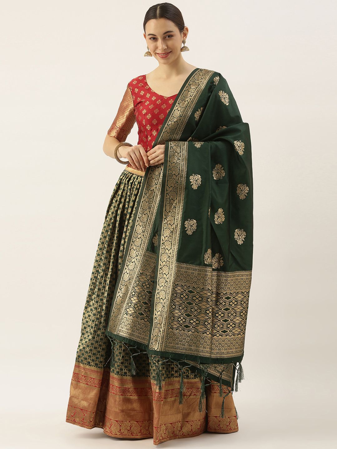 LOOKNBOOK ART Green & Gold-Toned Semi-Stitched Lehenga & Unstitched Blouse With Dupatta Price in India