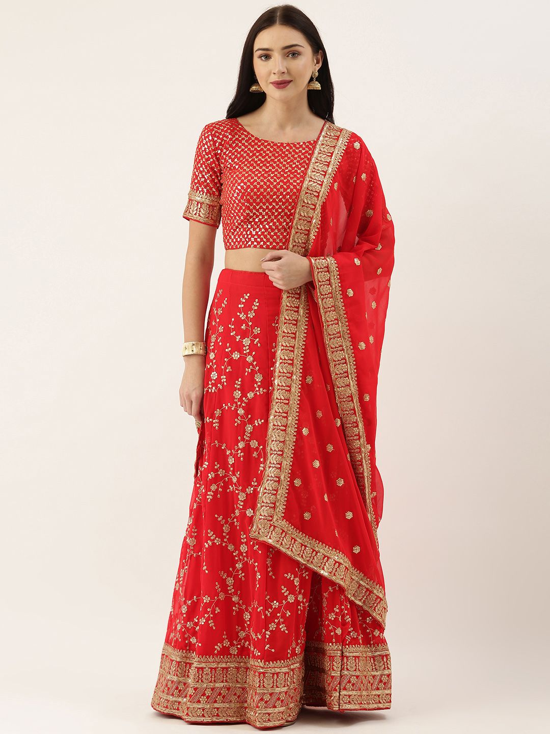 LOOKNBOOK ART Red Semi-Stitched Lehenga & Unstitched Blouse with Dupatta Price in India