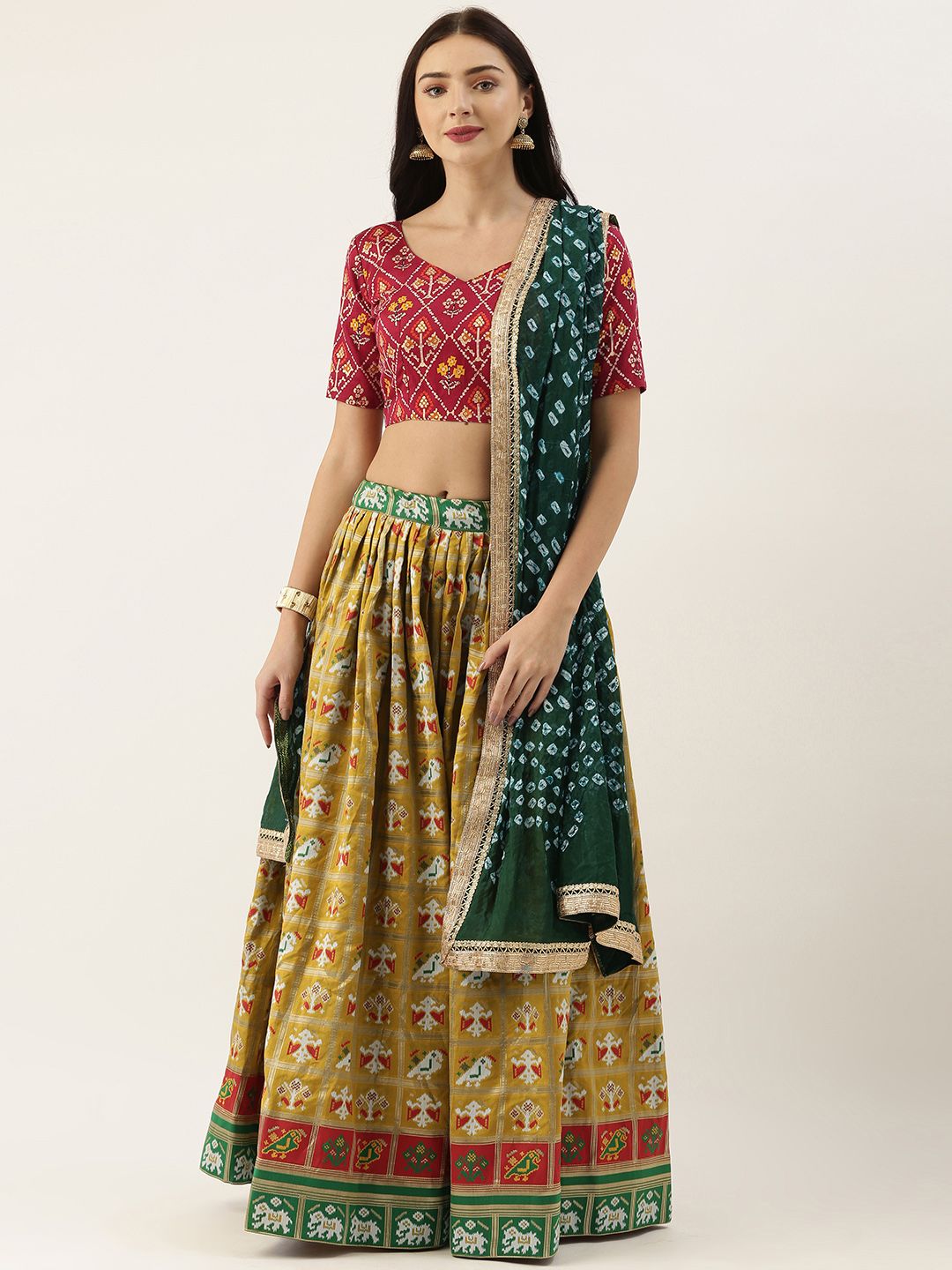 LOOKNBOOK ART Mustard & Red Patola Print Semi-Stitched Lehenga Choli Price in India