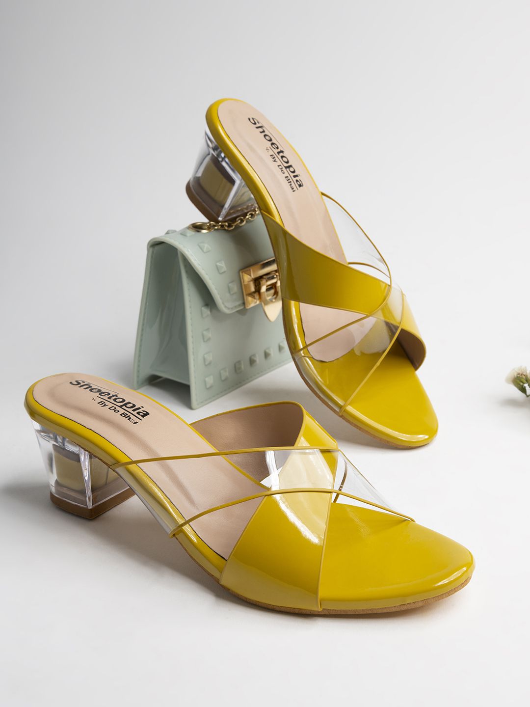 Shoetopia Women Yellow & Transparent Colourblocked Heels Price in India