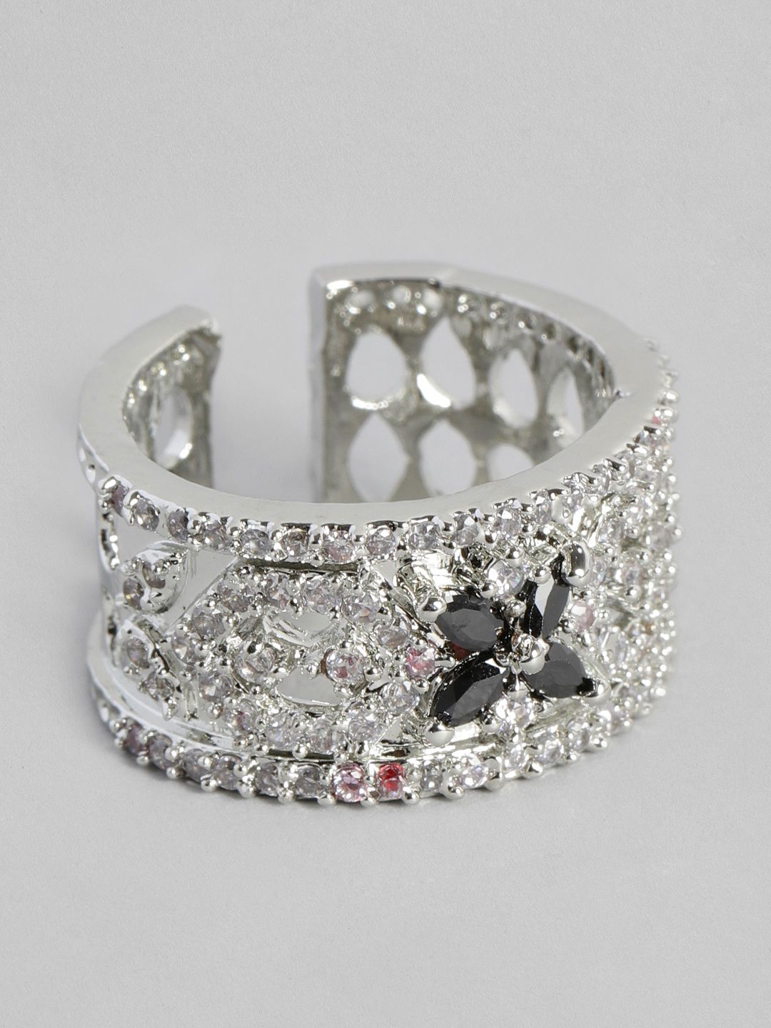 justpeachy Women Silver-Toned & Black Rhodium Plated Studded Finger Ring Price in India