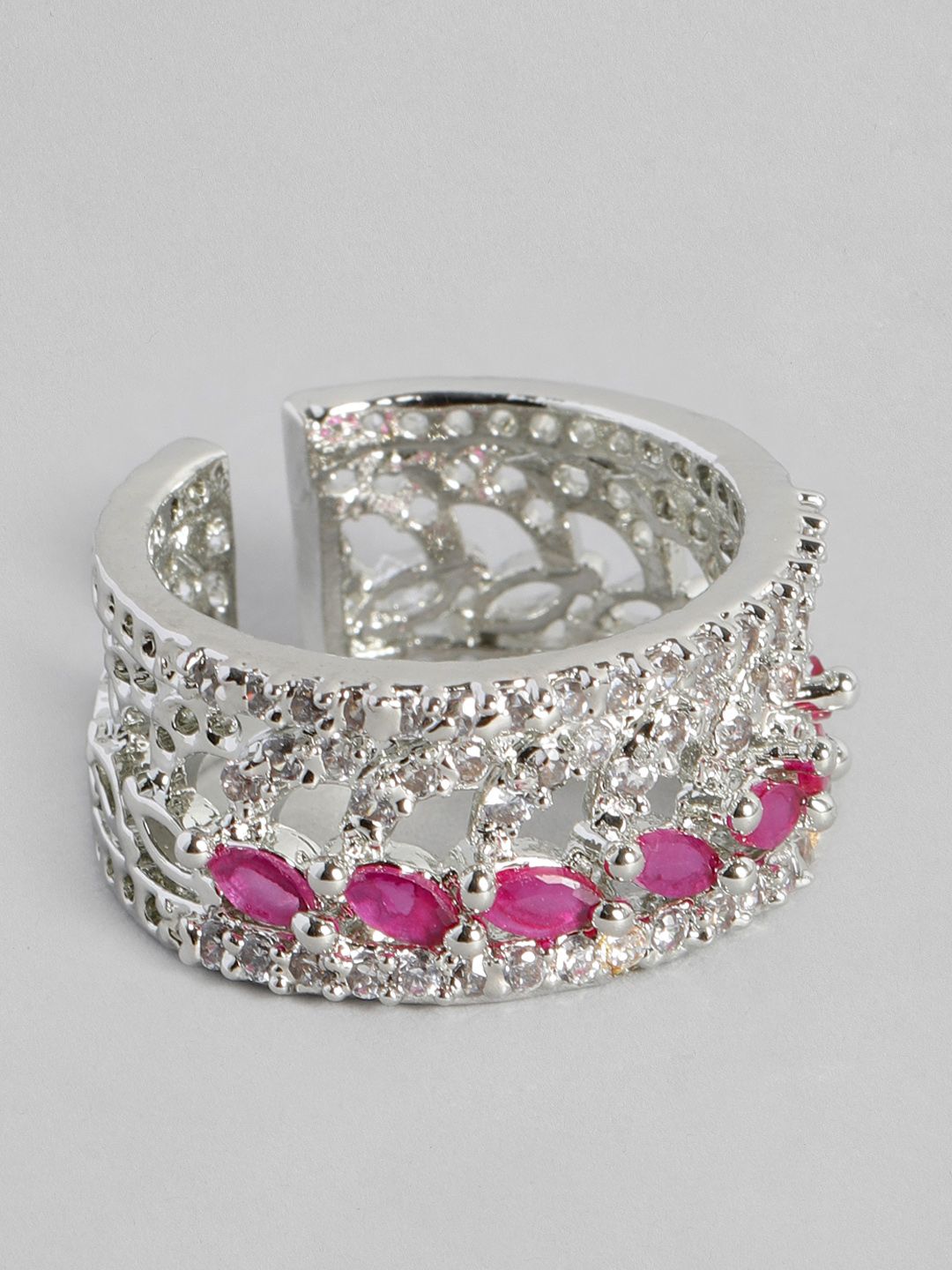 justpeachy Women Silver-Toned & Pink Rhodium Plated Studded Finger Ring Price in India