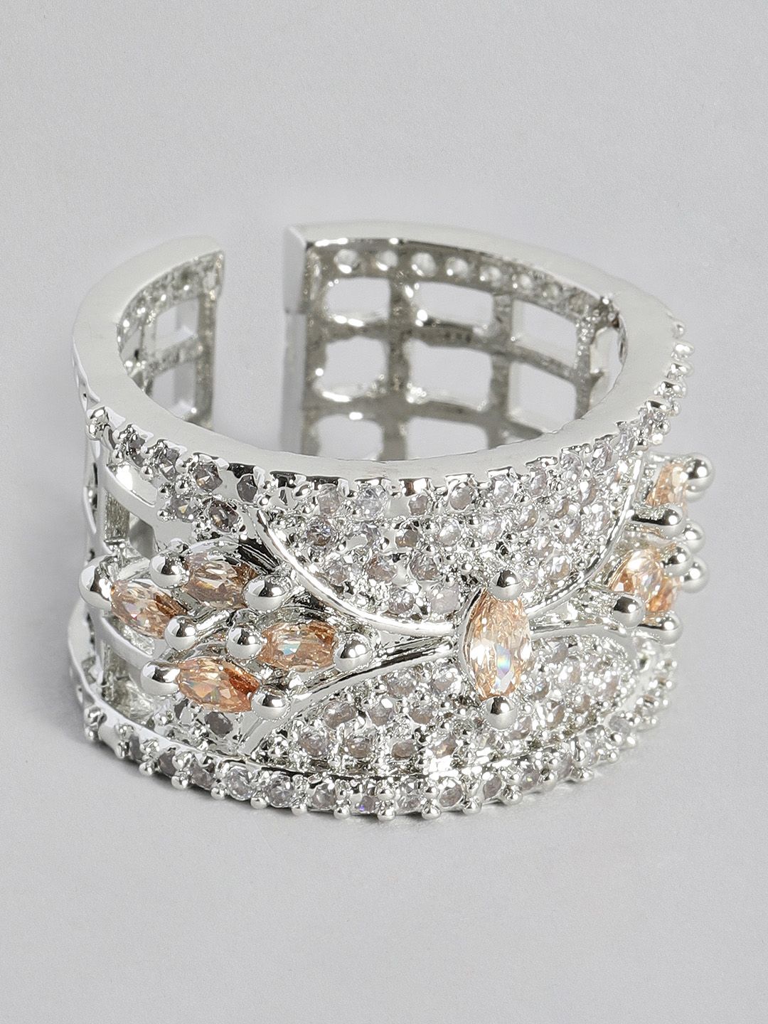 Justpeachy Silver-Toned & Champagne American Diamond Studded Finger Ring Price in India