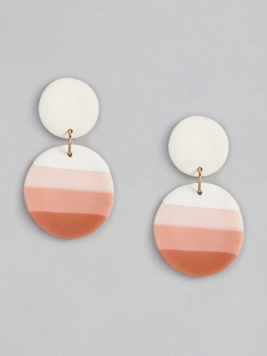 justpeachy White & Brown Striped Clay Circular Drop Earrings Price in India