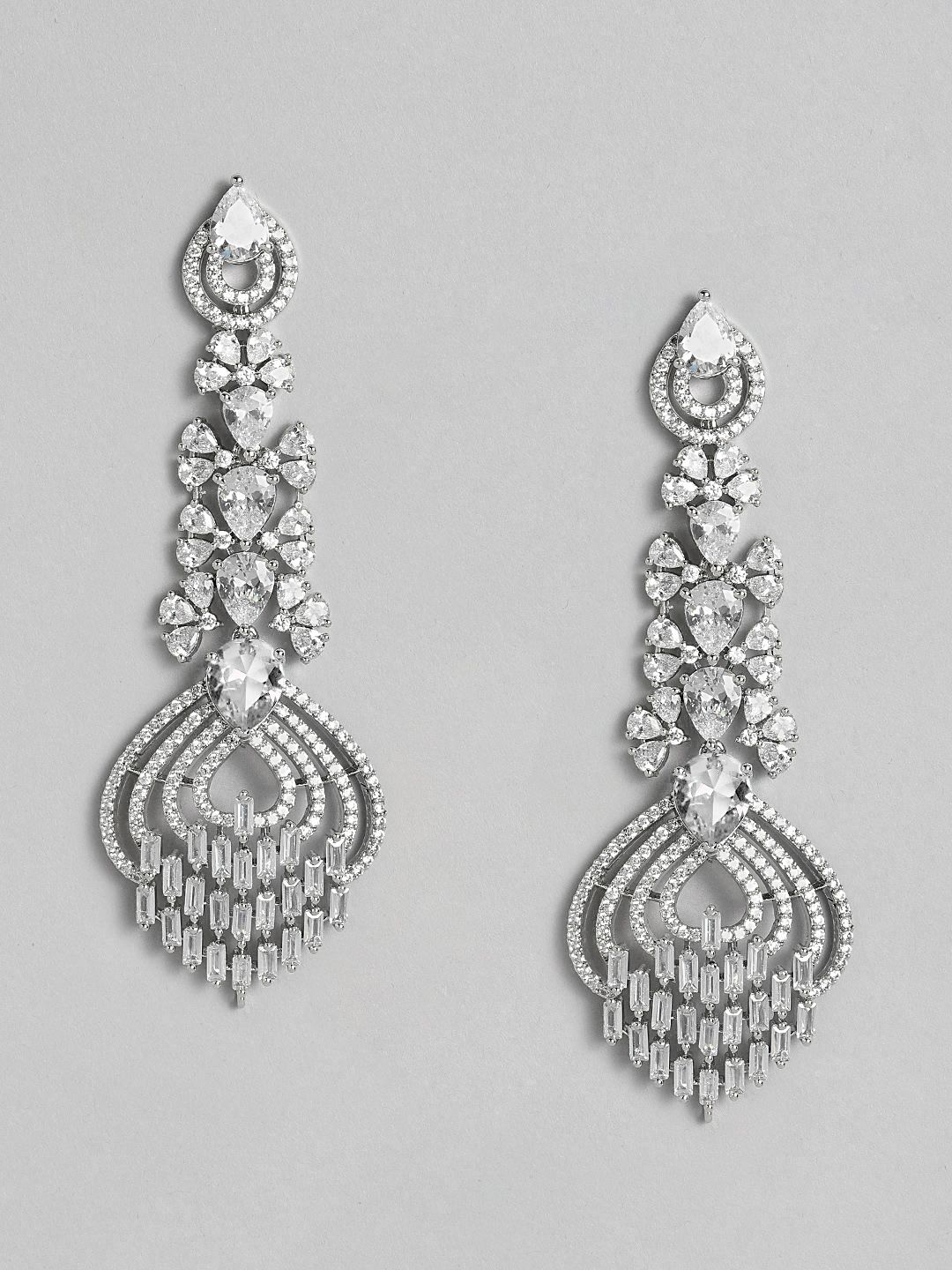 Justpeachy Silver-Toned Rhodium-Plated American Diamond Geometric Drop Earrings Price in India