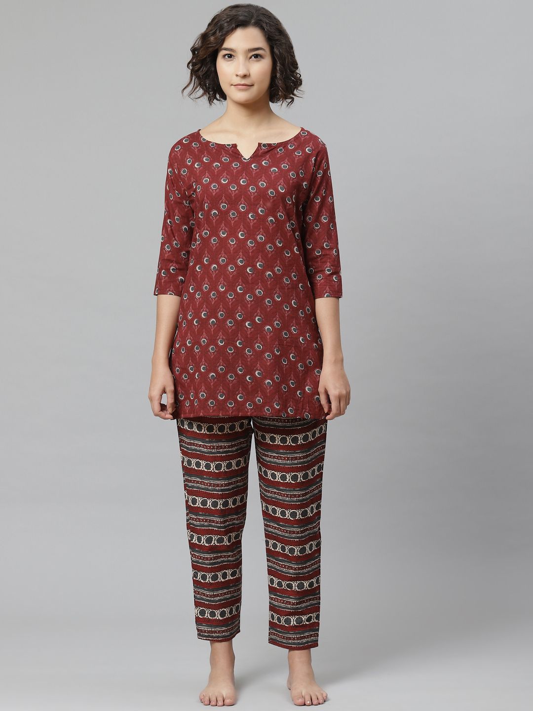 Anubhutee Women Maroon & White Printed Pure Cotton Night suit Price in India