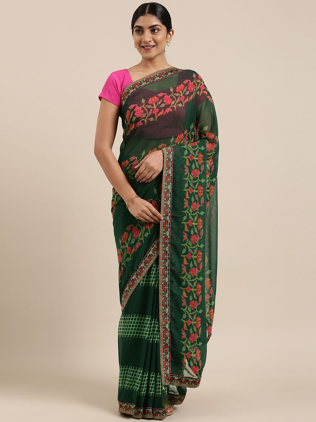 Triveni Green Floral Printed Pure Georgette Saree