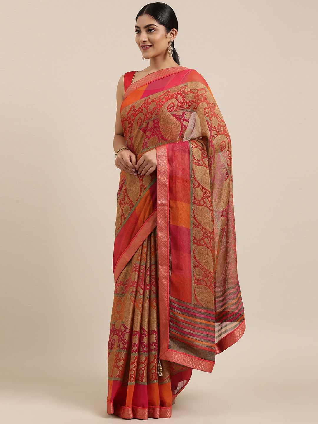 Triveni Pink & Beige Brasso Printed Saree