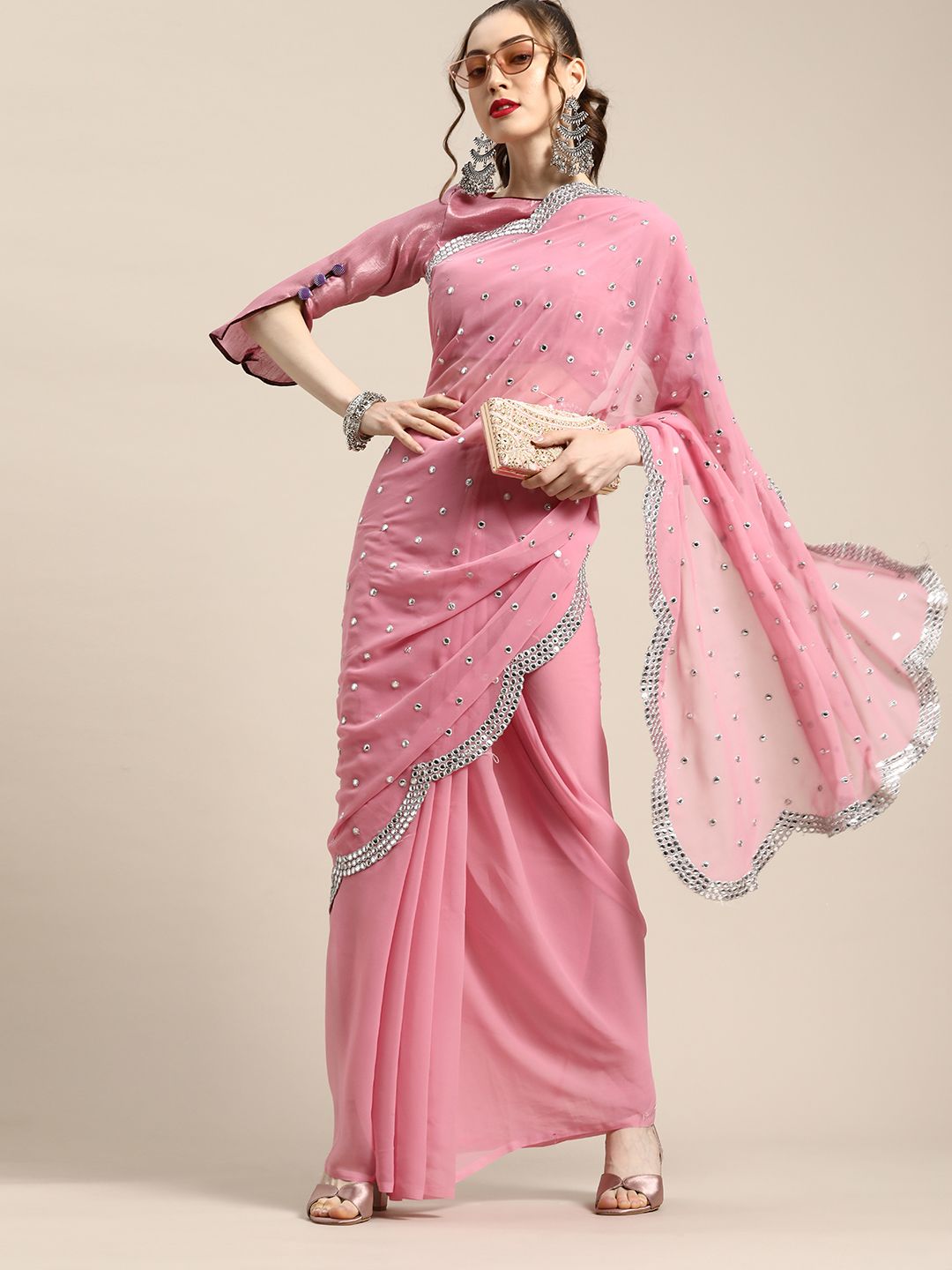 Tikhi Imli Pink Mirror Work Saree