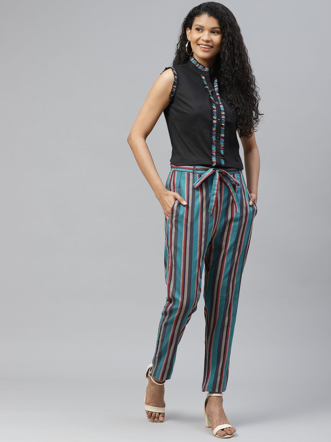 Tulsattva Women Black & Green Pure Cotton Solid Shirt with Striped Peg Trousers