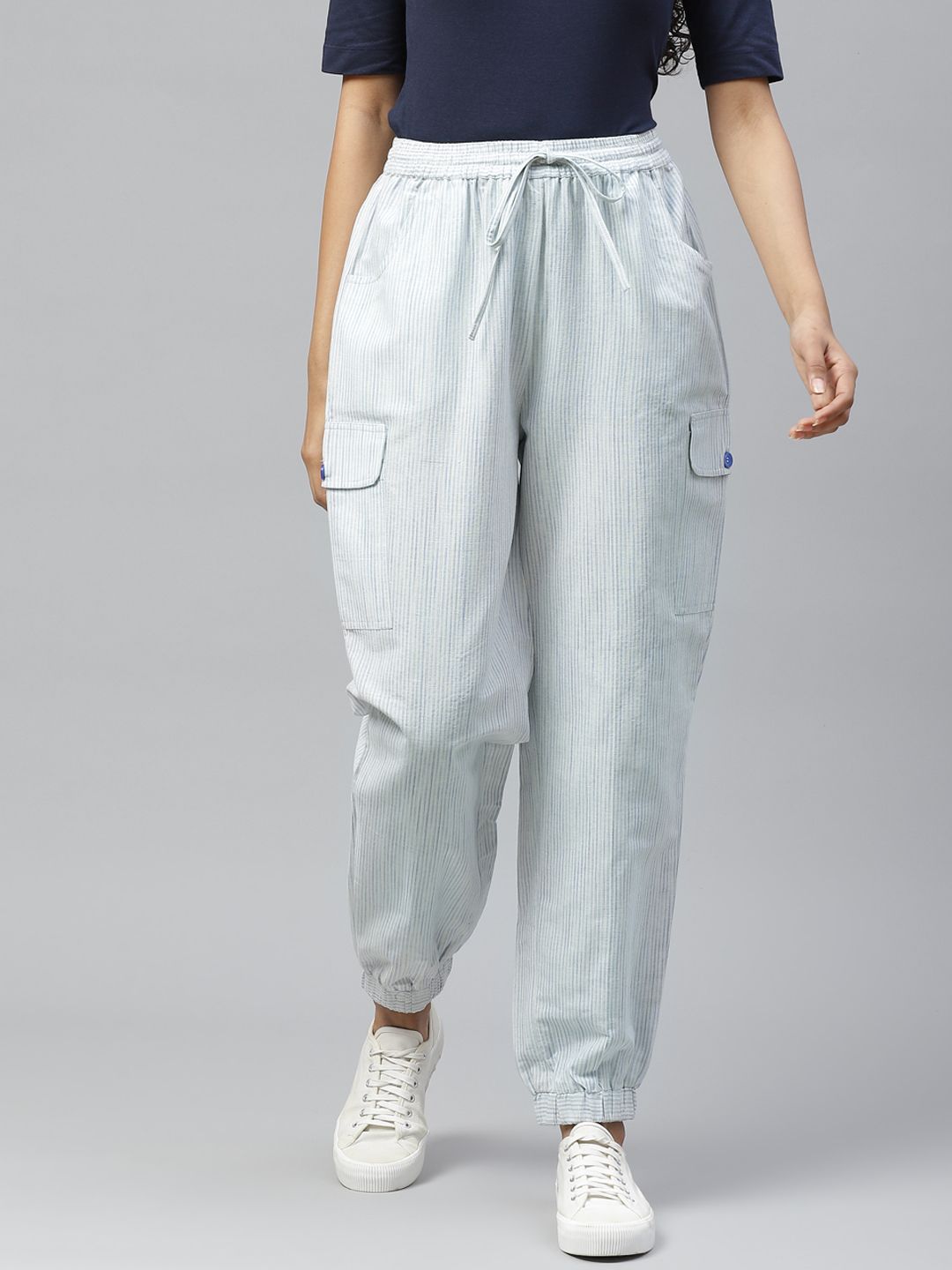 Tulsattva Women Off-White & Blue Relaxed Striped Cotton Joggers Price in India