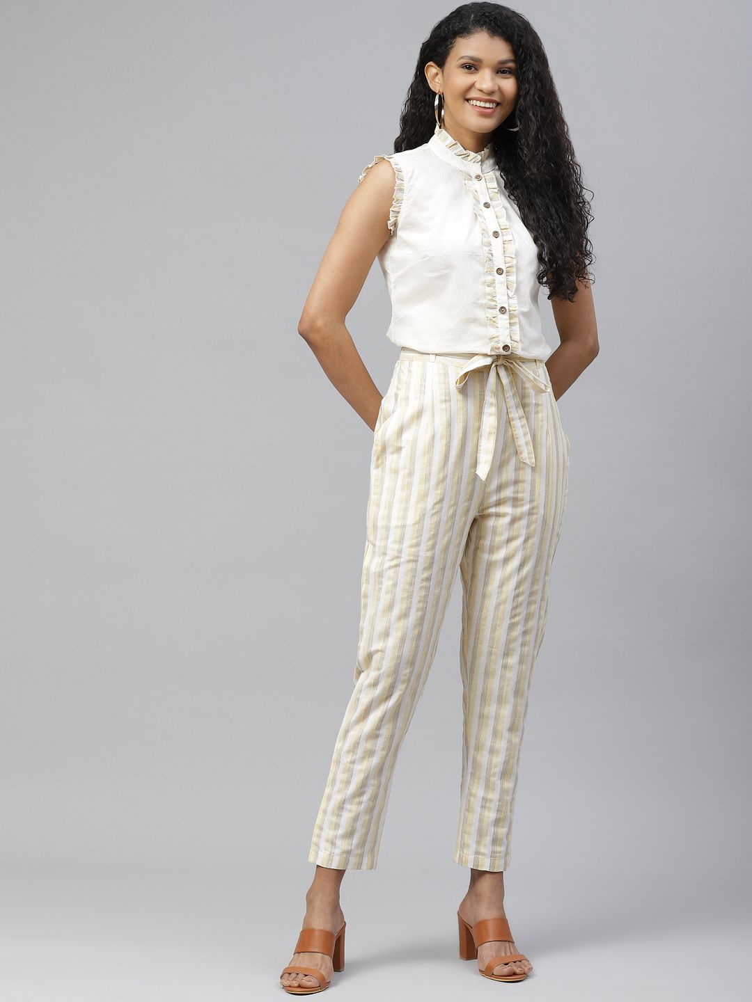 Tulsattva Women Off-White & Cream-Coloured Solid Pure Cotton Shirt & Striped Trousers