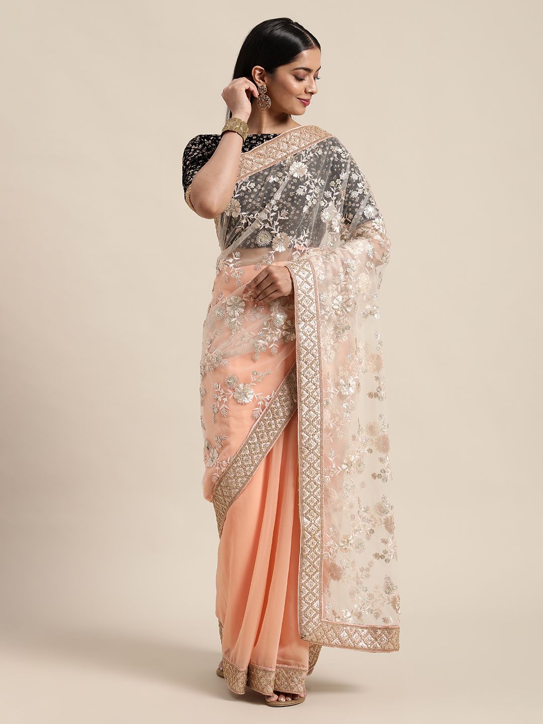 EthnoVogue Peach Floral Sequinned Half and Half Made To Measure Saree Price in India