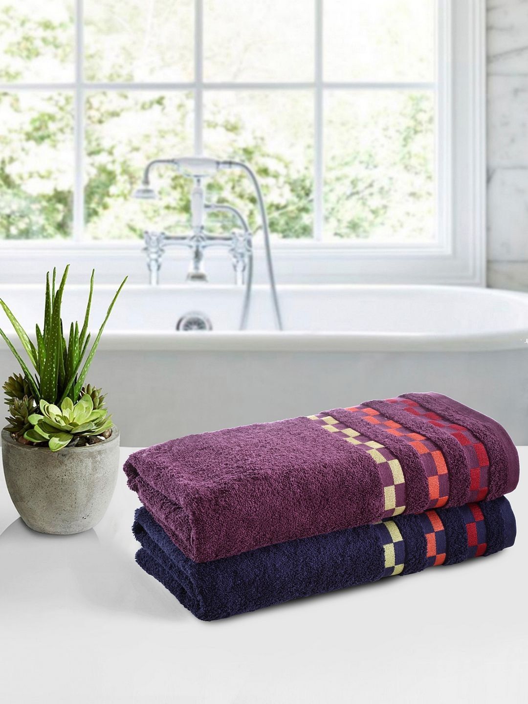 BIANCA Unisex Navy Blue & Purple Set of 2 Solid 450 GSM Bath Towels Price in India