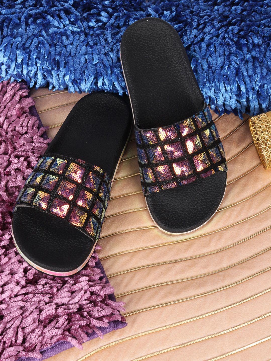 ZAPATOZ Women Pink & Gold-Toned Embellished Sliders Price in India