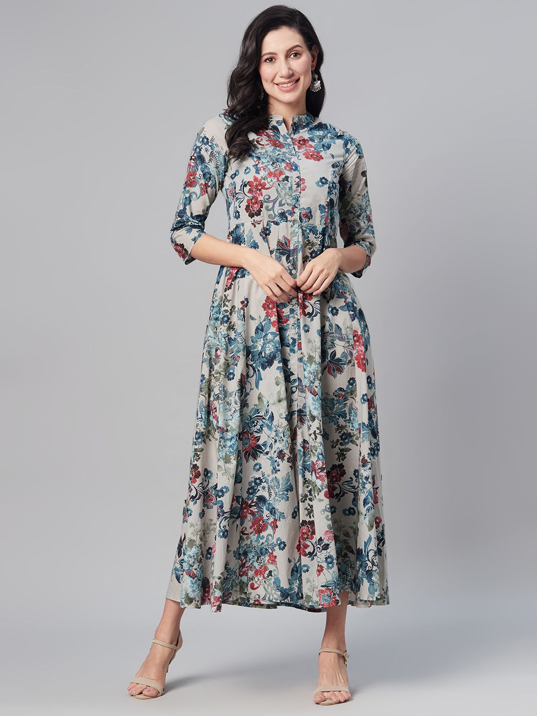 Biba Women Grey & Blue Pure Cotton Floral Print Maxi Dress