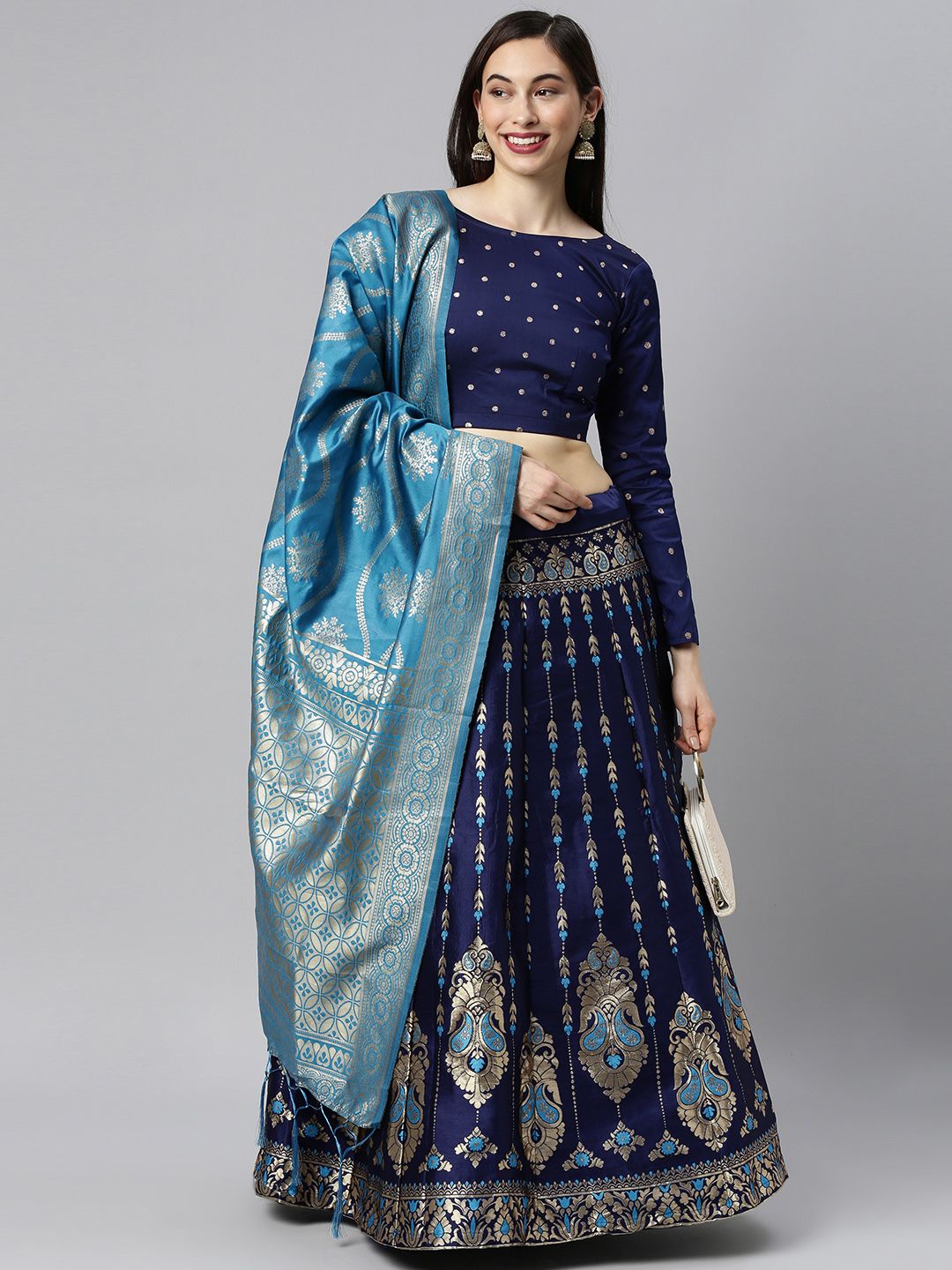 DIVASTRI Blue & Gold-Toned Semi-Stitched Lehenga & Unstitched Blouse With Dupatta Price in India