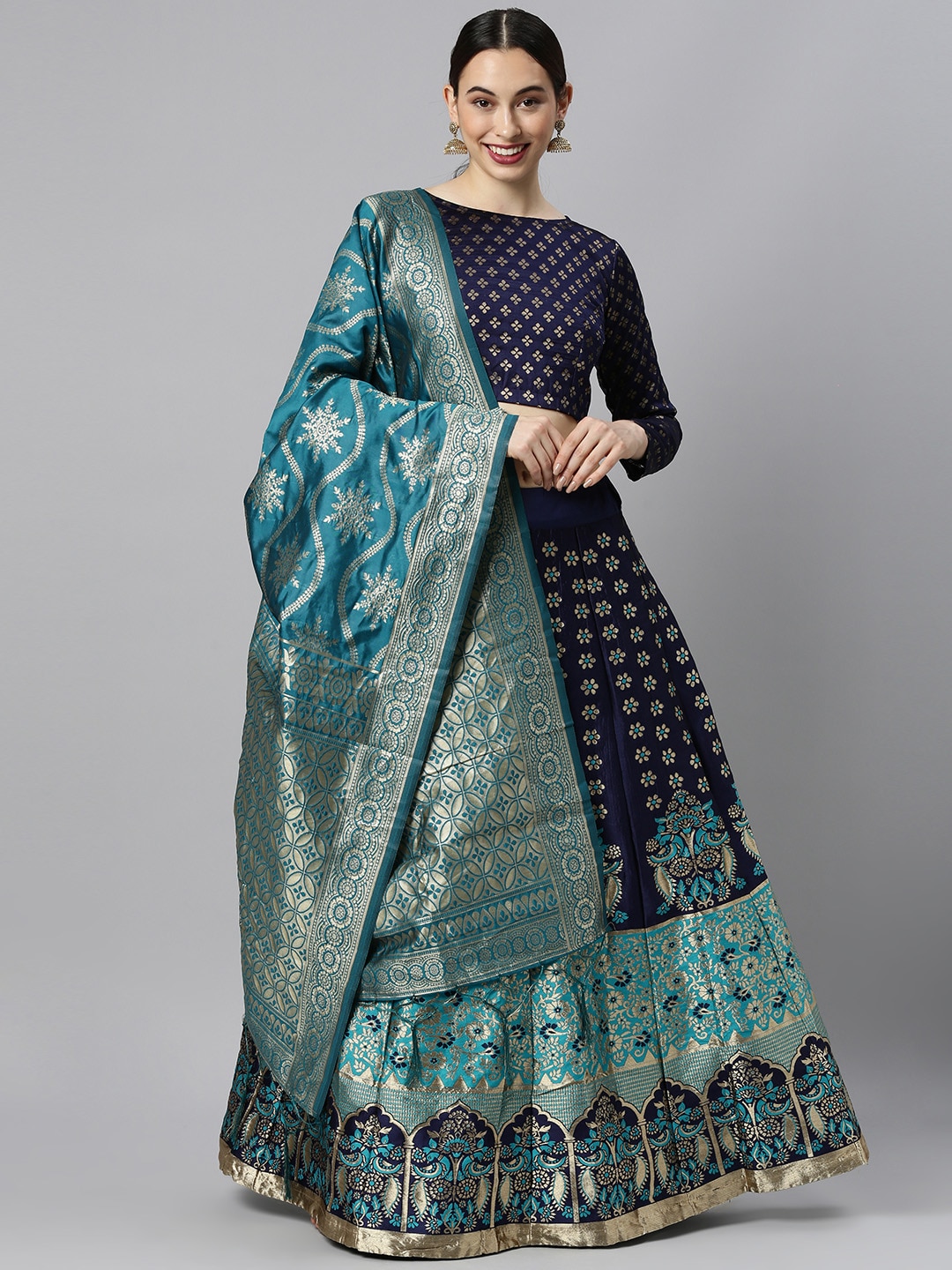 DIVASTRI Blue & Green Woven Design Lehenga Choli Price in India