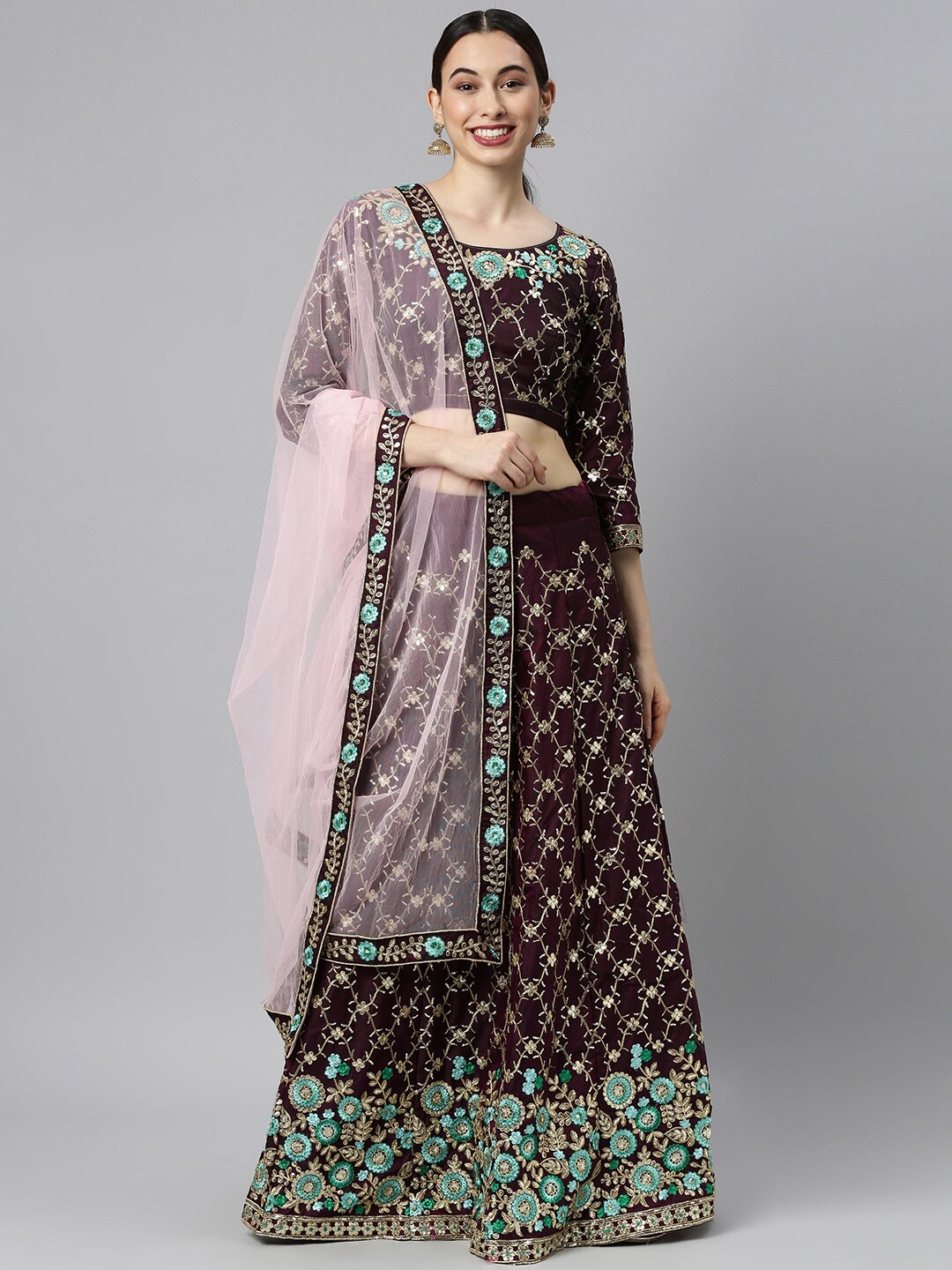 DIVASTRI Burgundy Embroidered Ready to Wear Lehenga & Unstitched Blouse With Dupatta Price in India