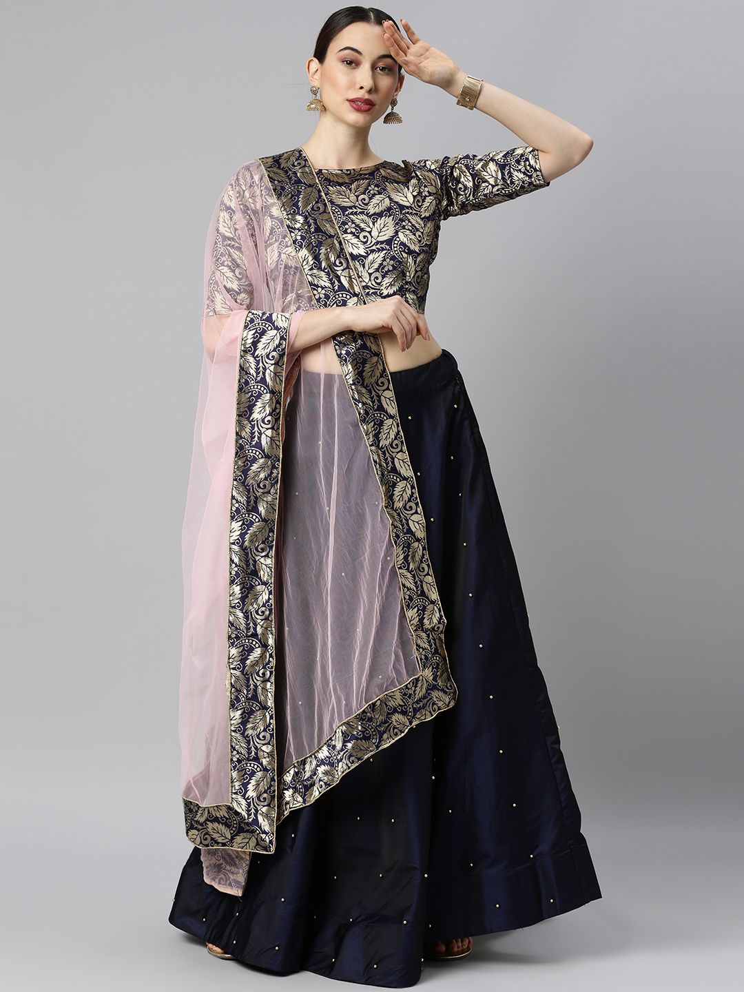 DIVASTRI Navy Blue Ready to Wear Lehenga & Unstitched Blouse With Dupatta Price in India