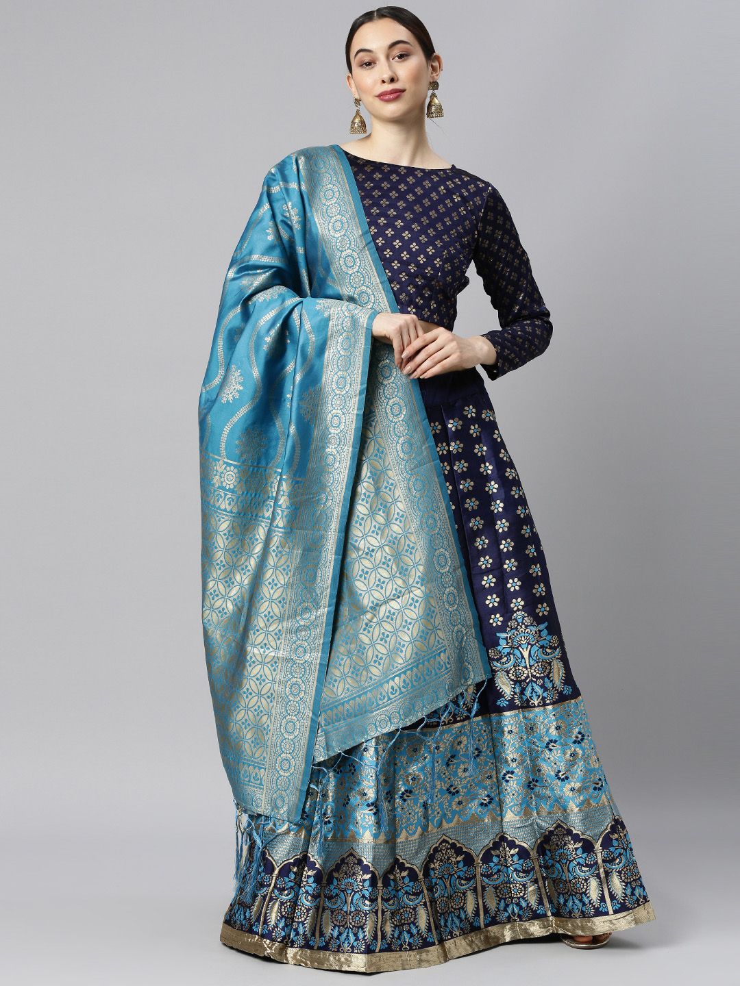 DIVASTRI Turquoise Blue Woven Design Lehenga Choli Price in India