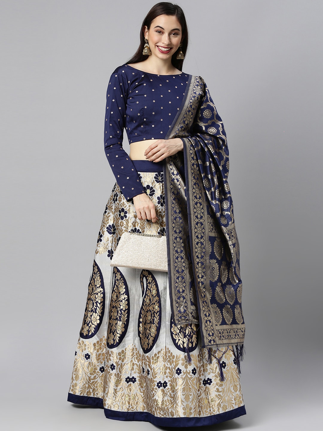 DIVASTRI White & Navy Blue Semi-Stitched Lehenga & Unstitched Blouse With Dupatta Price in India